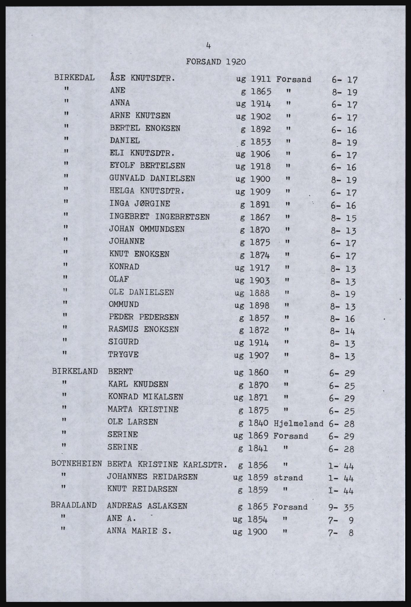 SAST, Avskrift av folketellingen 1920 for Forsand herred, 1920, s. 10