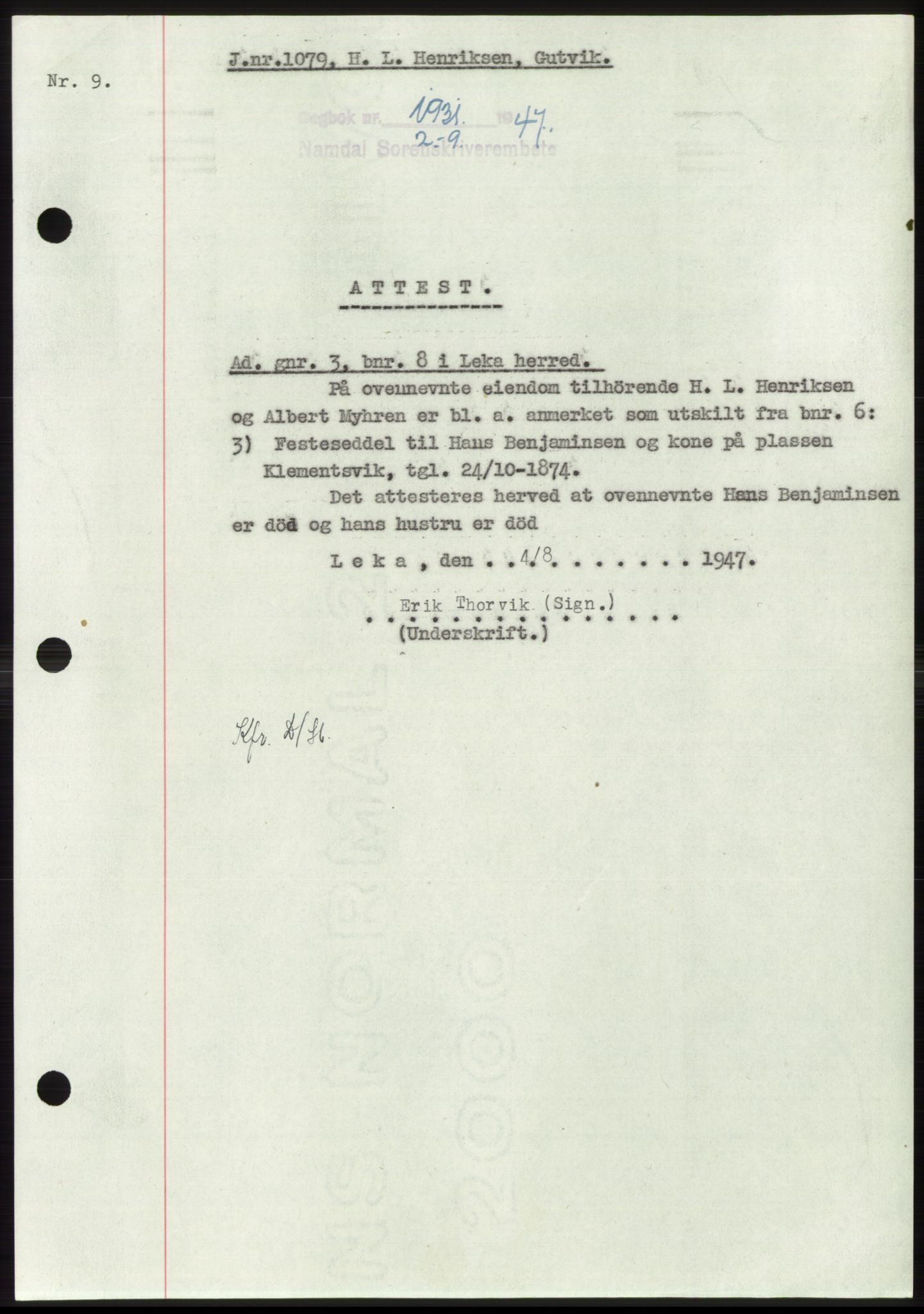 Namdal sorenskriveri, SAT/A-4133/1/2/2C: Pantebok nr. -, 1947-1947, Dagboknr: 1931/1947
