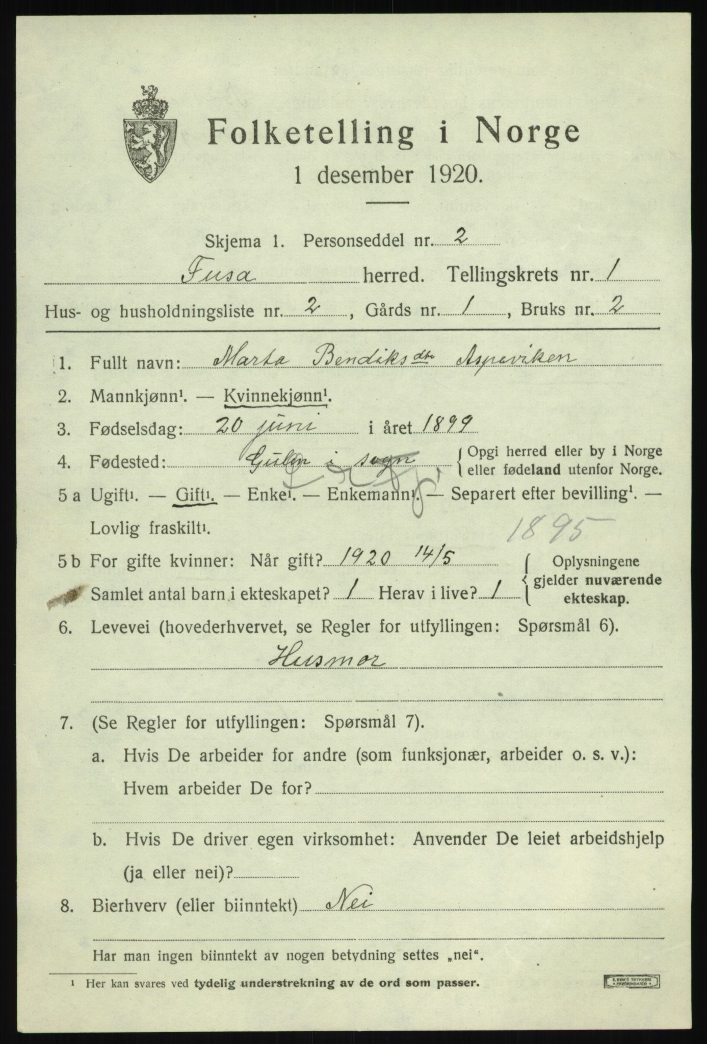 SAB, Folketelling 1920 for 1241 Fusa herred, 1920, s. 455