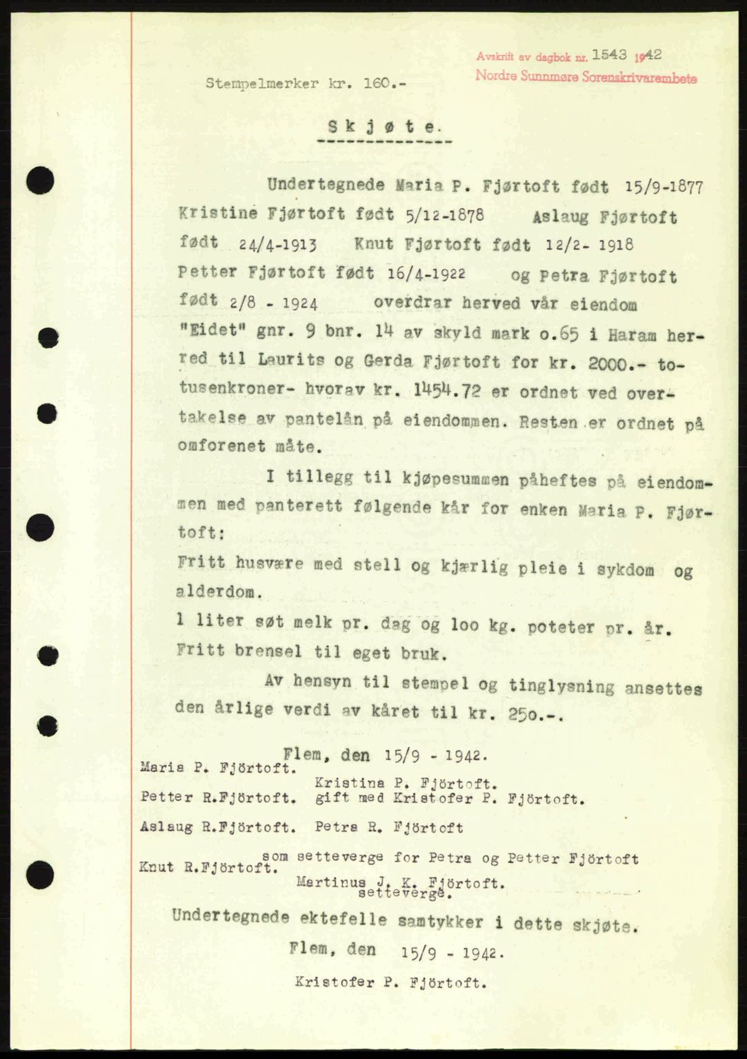 Nordre Sunnmøre sorenskriveri, SAT/A-0006/1/2/2C/2Ca: Pantebok nr. A14, 1942-1942, Dagboknr: 1543/1942