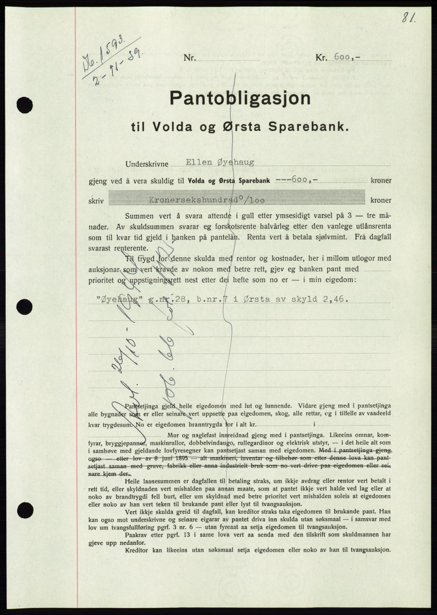 Søre Sunnmøre sorenskriveri, SAT/A-4122/1/2/2C/L0069: Pantebok nr. 63, 1939-1940, Dagboknr: 1593/1939