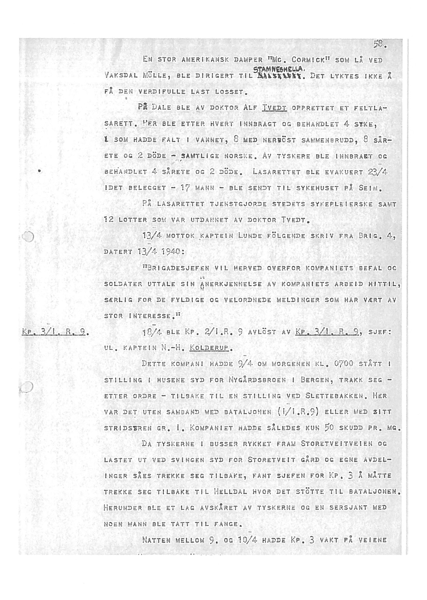 Oberst Sverre Blom - manuskript til krigshistorie, SAB/-/F/L0001: Manuskript "Krigens historie - operasjonene til lands på Vestlandet 1940" av oberst Sverre Blom, 1940, s. 58