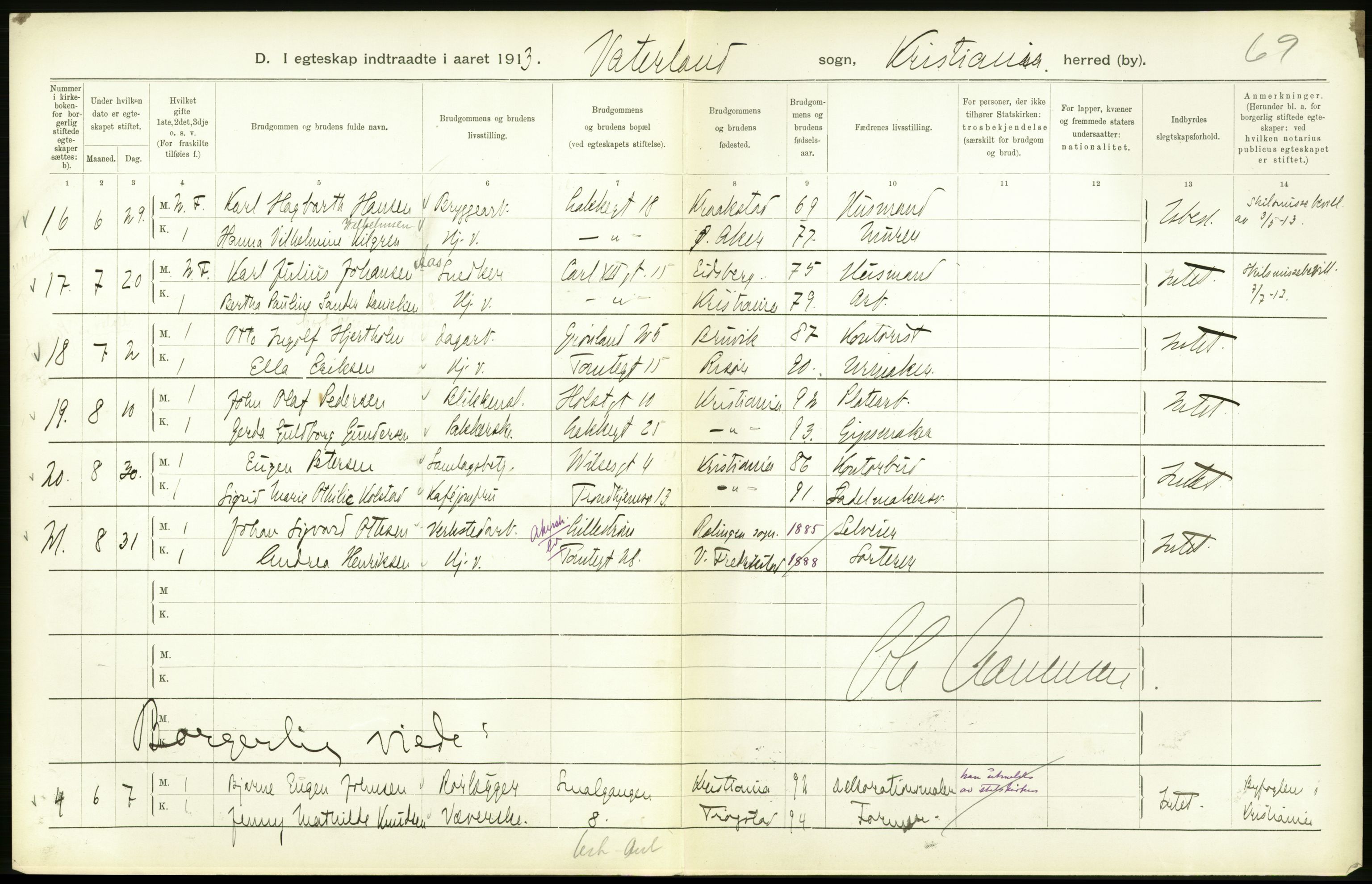 Statistisk sentralbyrå, Sosiodemografiske emner, Befolkning, RA/S-2228/D/Df/Dfb/Dfbc/L0008: Kristiania: Gifte., 1913, s. 120