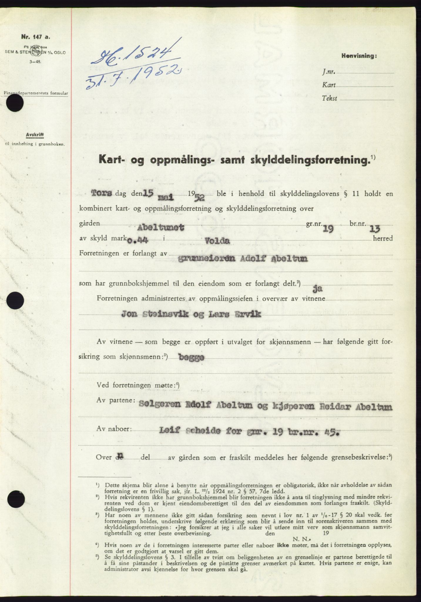 Søre Sunnmøre sorenskriveri, AV/SAT-A-4122/1/2/2C/L0092: Pantebok nr. 18A, 1952-1952, Dagboknr: 1524/1952