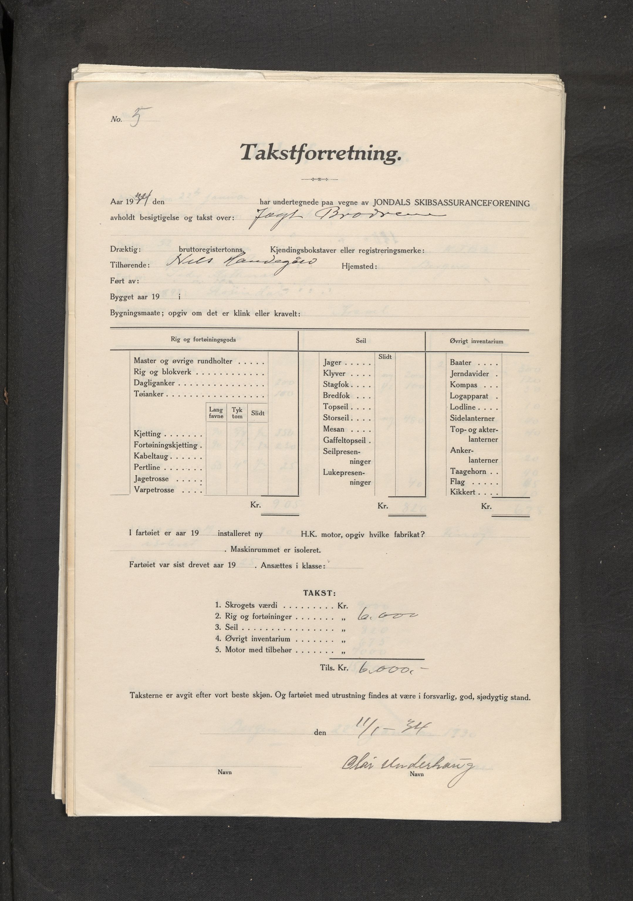 Jondal Skipsassuranseforening, AV/SAB-SAB/PA-0276/E/L0053: Takster , 1929-1935