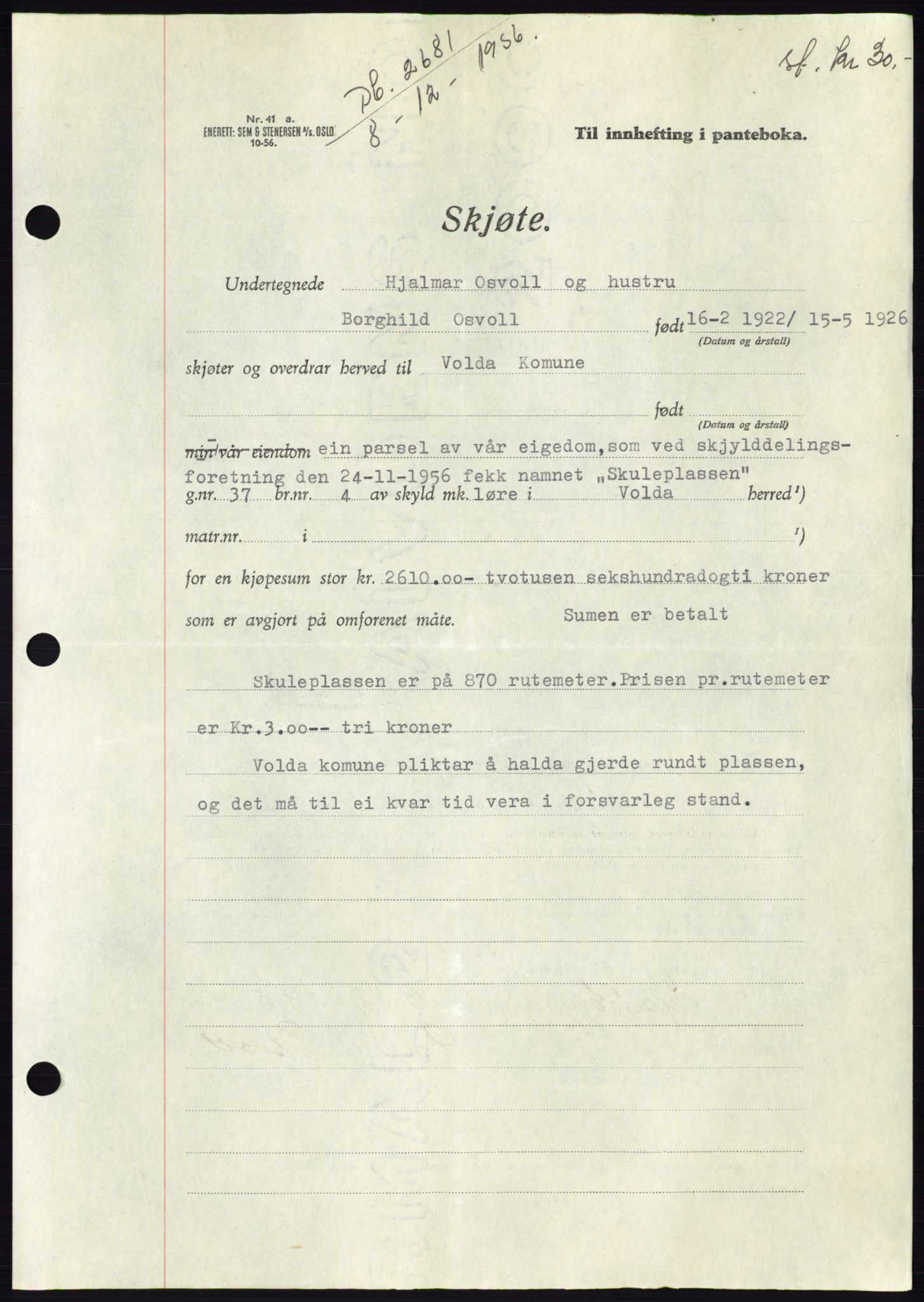 Søre Sunnmøre sorenskriveri, AV/SAT-A-4122/1/2/2C/L0105: Pantebok nr. 31A, 1956-1957, Dagboknr: 2681/1956