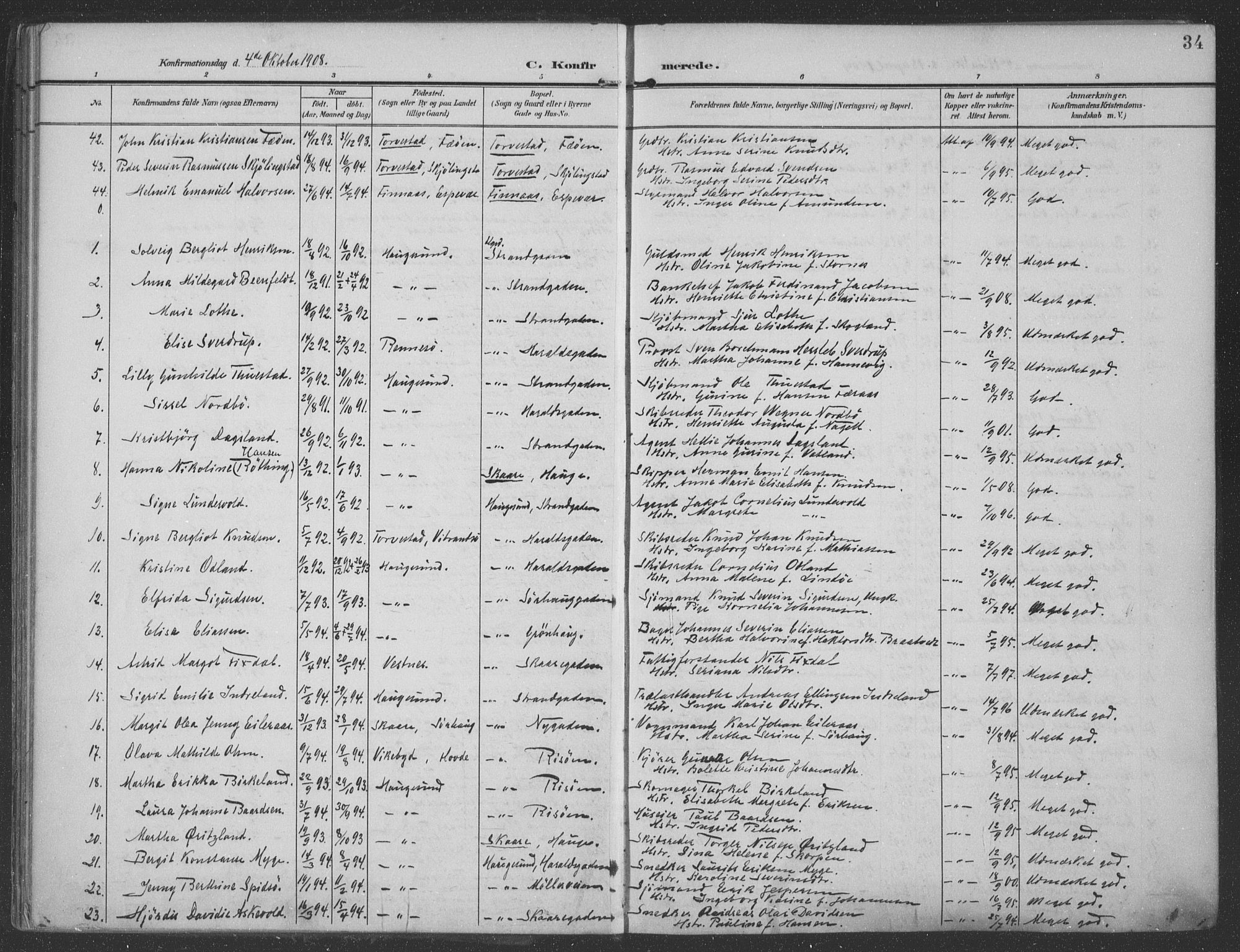Haugesund sokneprestkontor, AV/SAST-A -101863/H/Ha/Haa/L0007: Ministerialbok nr. A 7, 1904-1916, s. 34