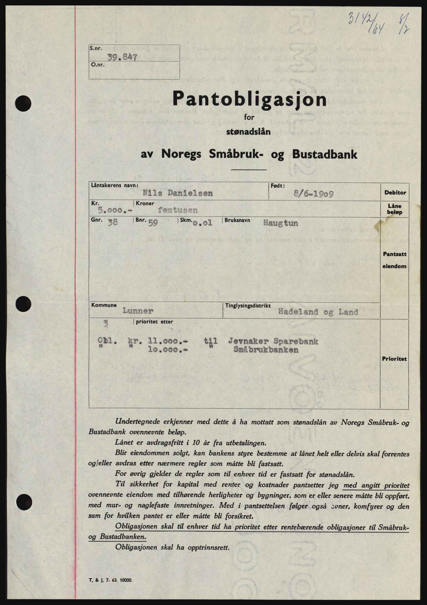 Hadeland og Land tingrett, SAH/TING-010/H/Hb/Hbc/L0055: Pantebok nr. B55, 1964-1964, Dagboknr: 3142/1964
