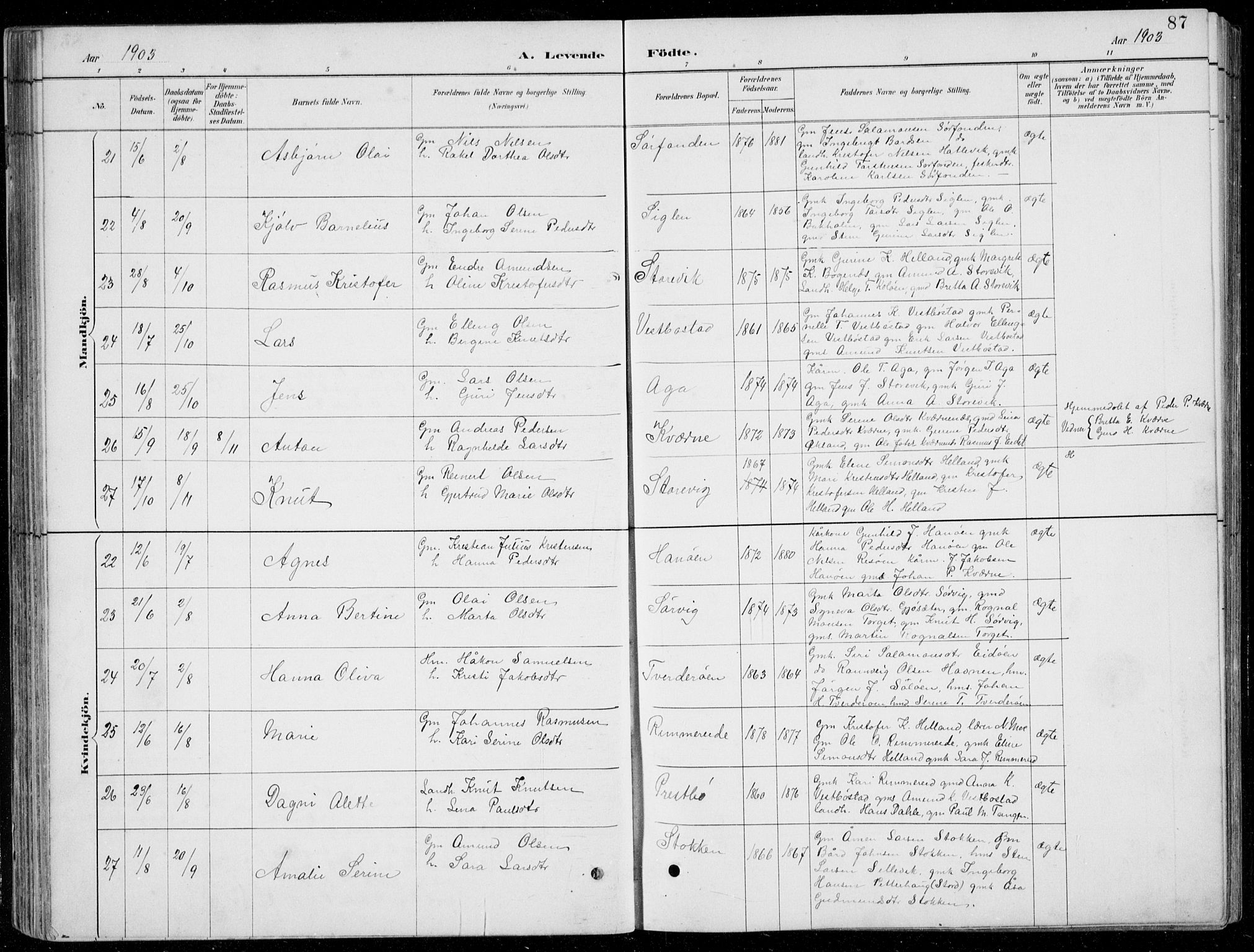 Fitjar sokneprestembete, AV/SAB-A-99926: Klokkerbok nr. A 2, 1887-1906, s. 87