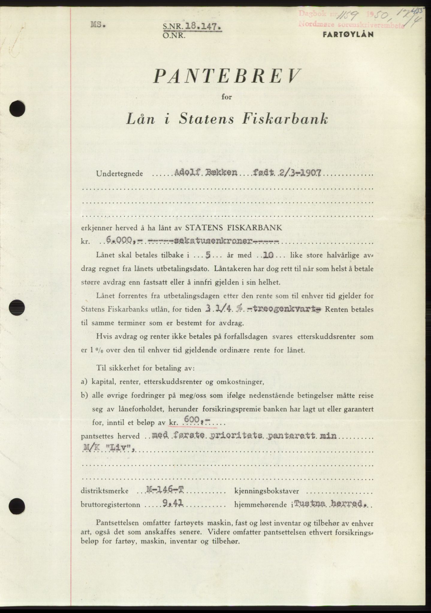 Nordmøre sorenskriveri, SAT/A-4132/1/2/2Ca: Pantebok nr. B104, 1950-1950, Dagboknr: 1159/1950