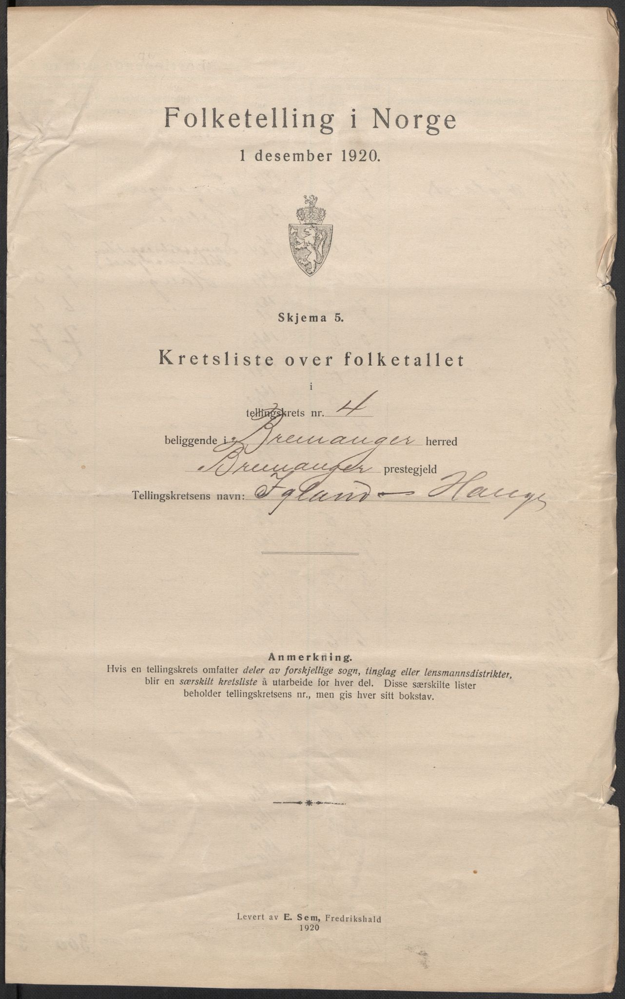 SAB, Folketelling 1920 for 1438 Bremanger herred, 1920, s. 15