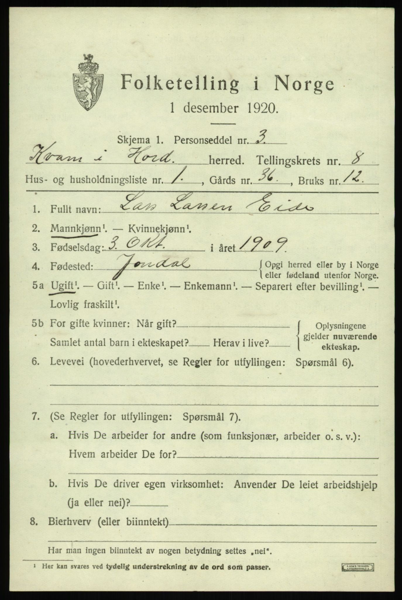 SAB, Folketelling 1920 for 1238 Kvam herred, 1920, s. 5167