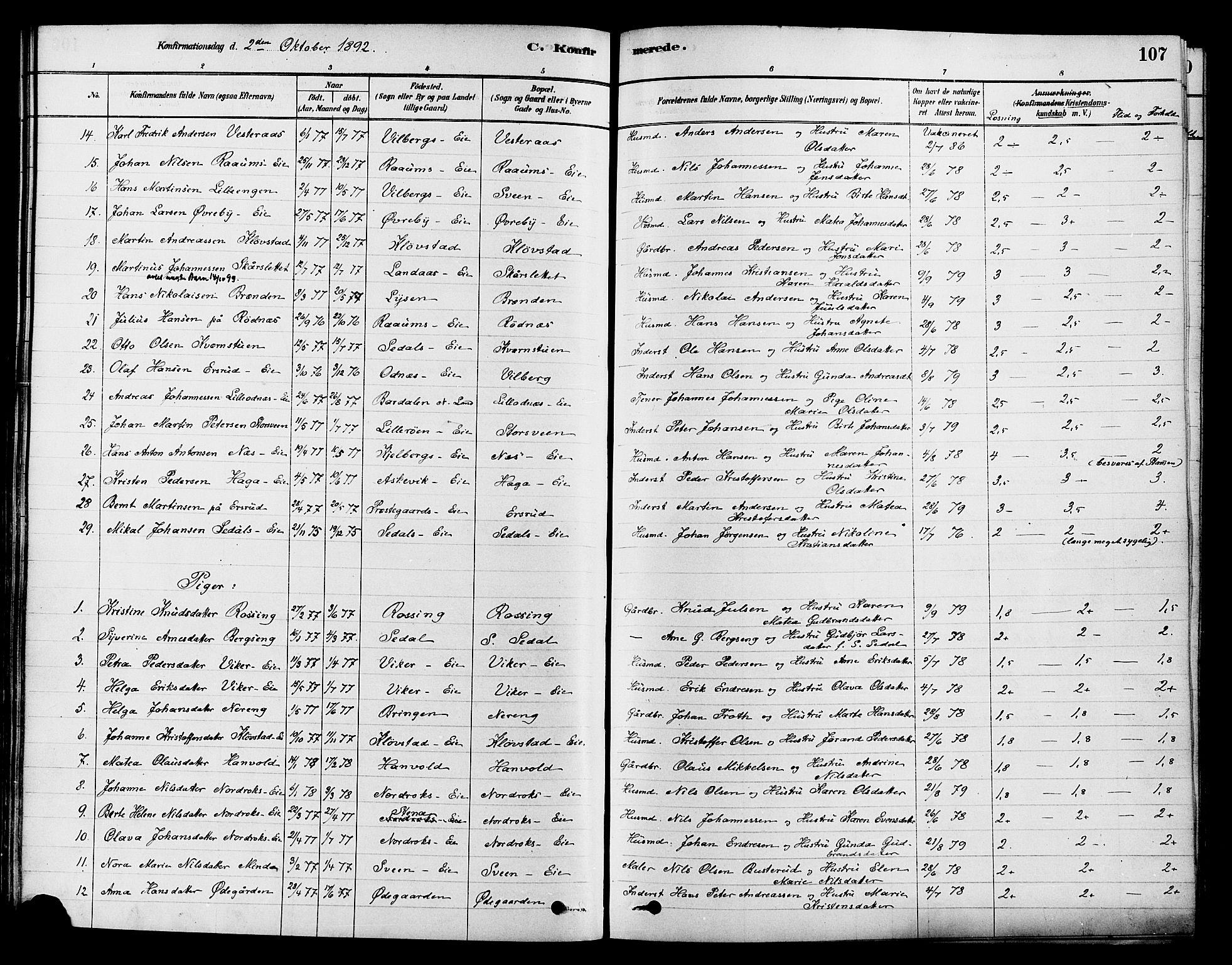 Søndre Land prestekontor, AV/SAH-PREST-122/K/L0002: Ministerialbok nr. 2, 1878-1894, s. 107