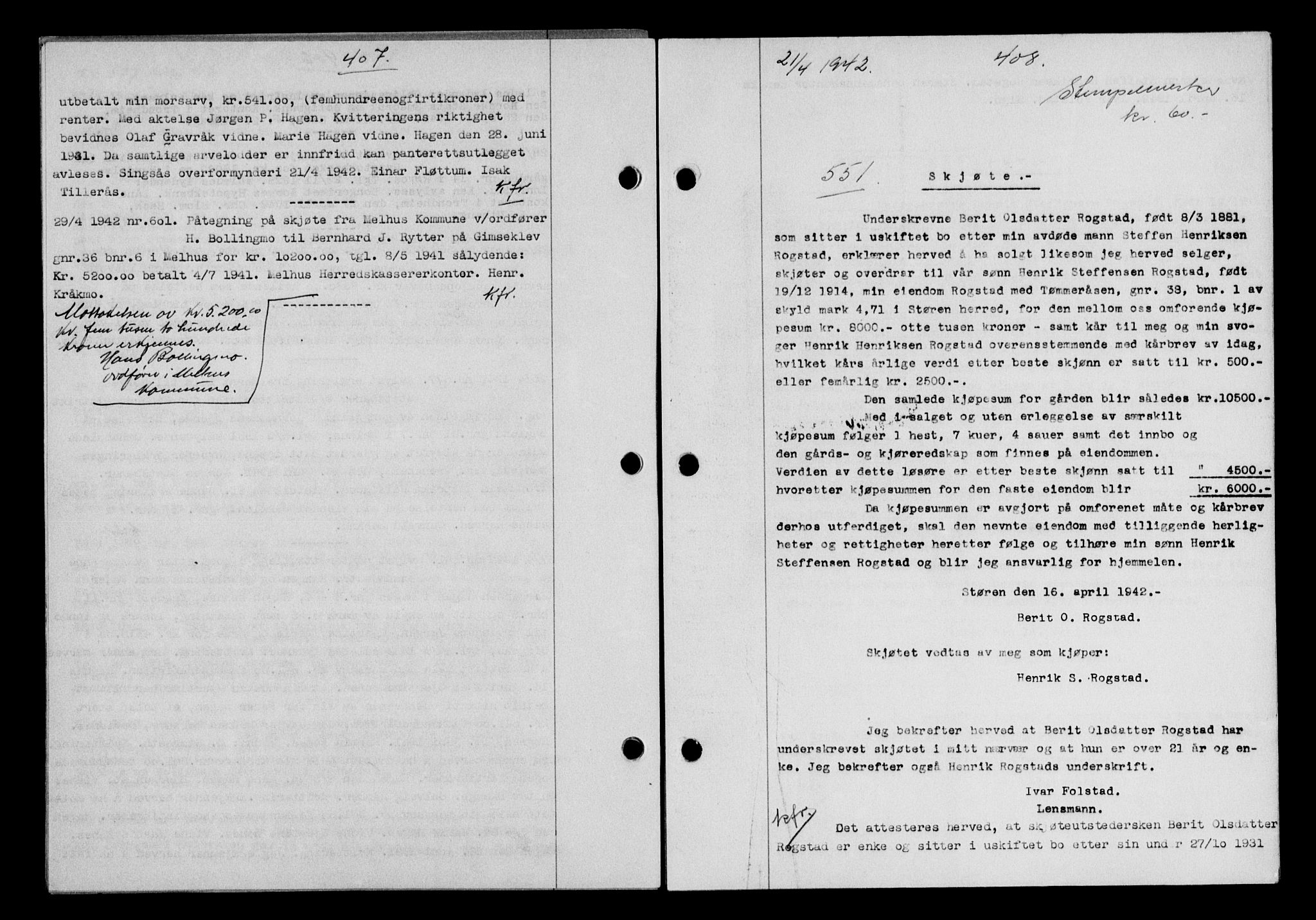 Gauldal sorenskriveri, SAT/A-0014/1/2/2C/L0054: Pantebok nr. 59, 1941-1942, Dagboknr: 551/1942