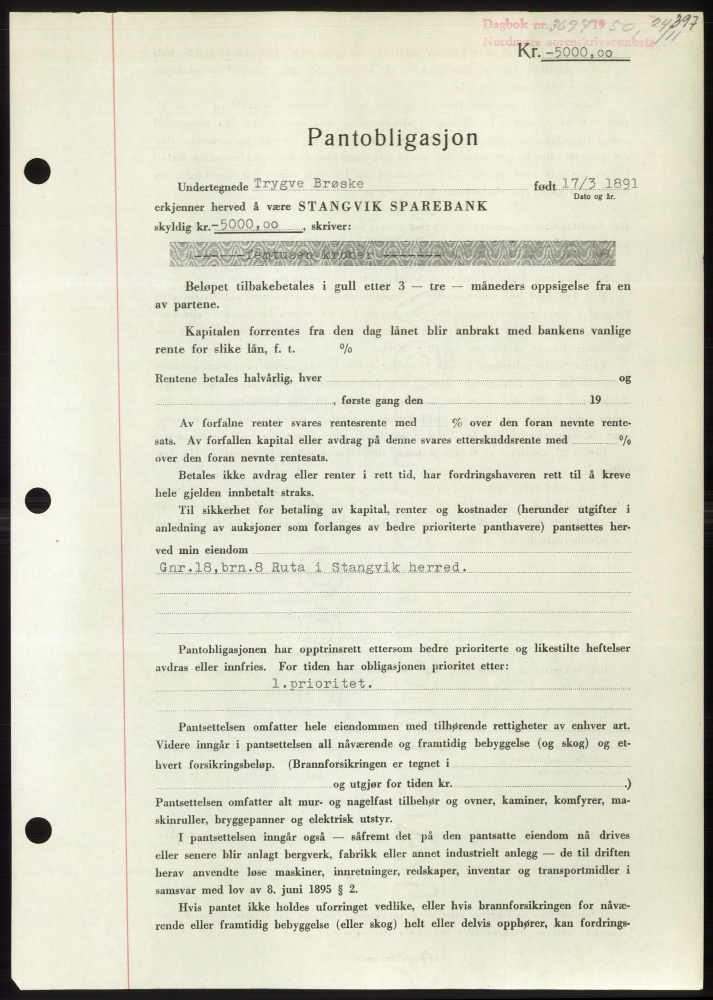 Nordmøre sorenskriveri, AV/SAT-A-4132/1/2/2Ca: Pantebok nr. B106, 1950-1950, Dagboknr: 3697/1950