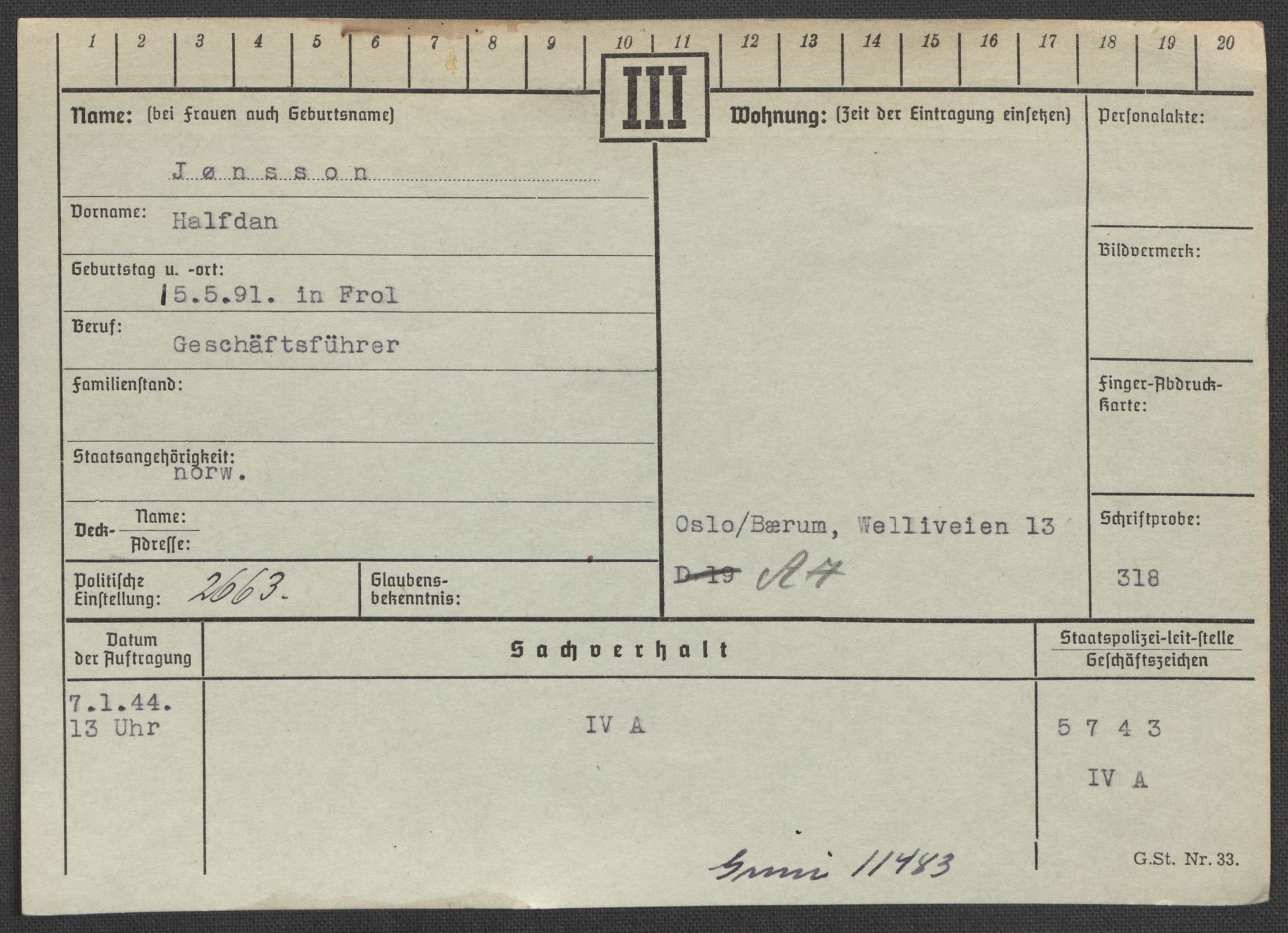 Befehlshaber der Sicherheitspolizei und des SD, RA/RAFA-5969/E/Ea/Eaa/L0005: Register over norske fanger i Møllergata 19: Hø-Kj, 1940-1945, s. 1079