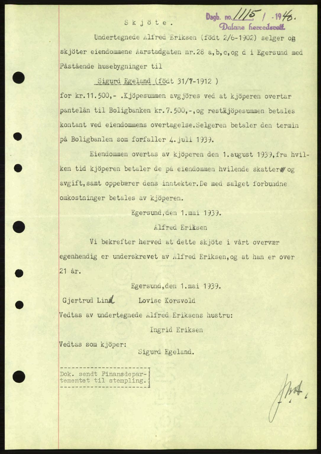 Dalane sorenskriveri, SAST/A-100309/02/G/Gb/L0044: Pantebok nr. A5, 1940-1941, Dagboknr: 1115/1940