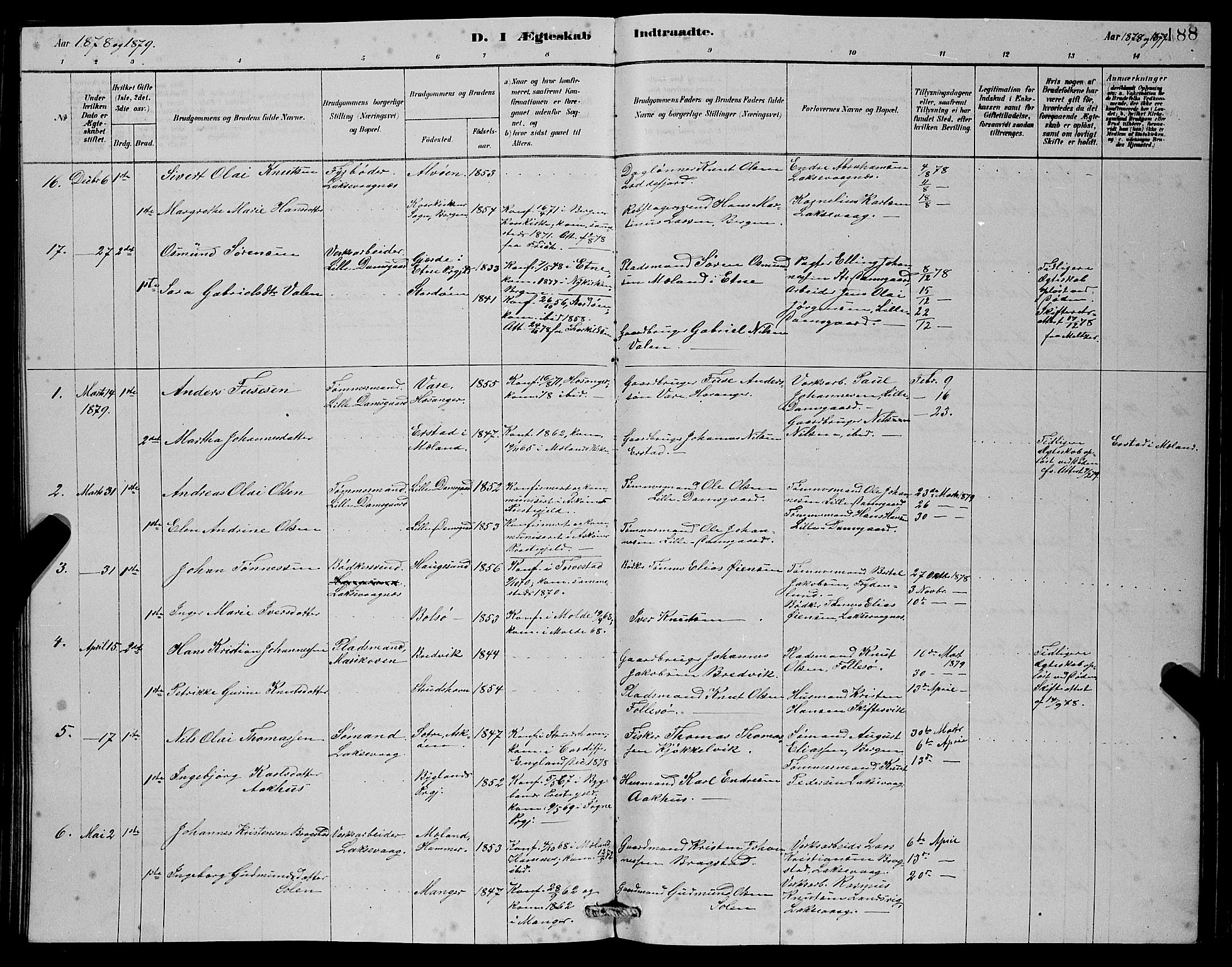 Laksevåg Sokneprestembete, SAB/A-76501/H/Ha/Hab/Haba/L0002: Klokkerbok nr. A 2, 1877-1887, s. 188