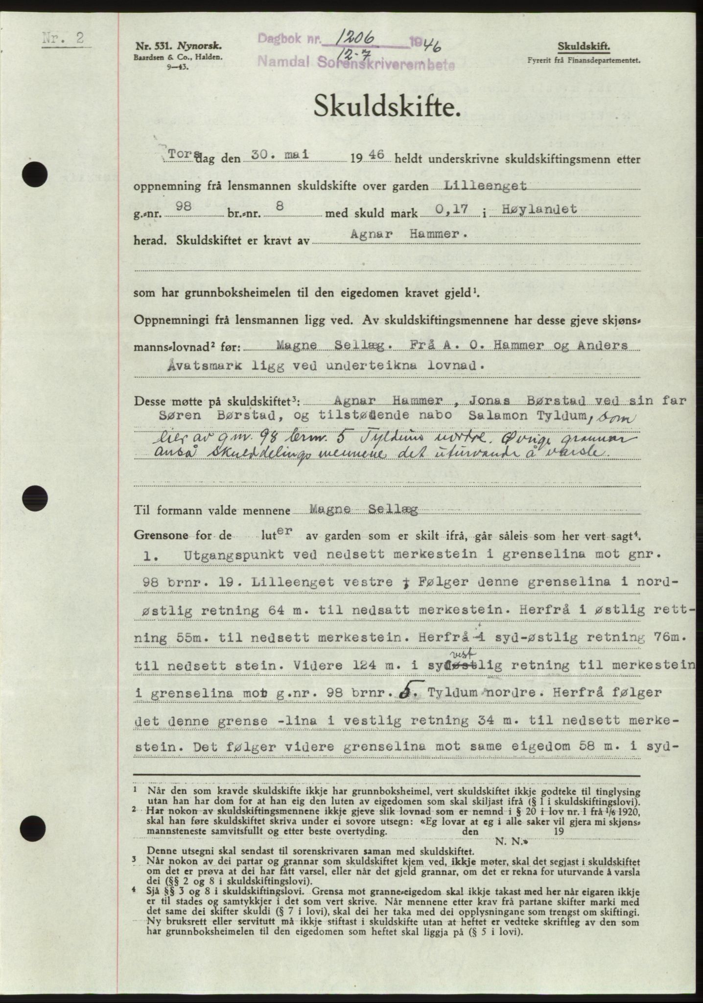 Namdal sorenskriveri, SAT/A-4133/1/2/2C: Pantebok nr. -, 1946-1946, Dagboknr: 1206/1946