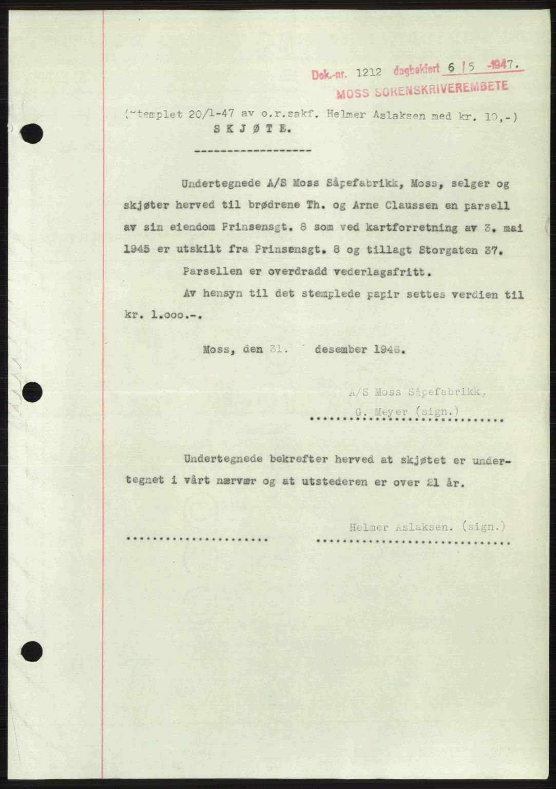 Moss sorenskriveri, SAO/A-10168: Pantebok nr. A17, 1947-1947, Dagboknr: 1212/1947