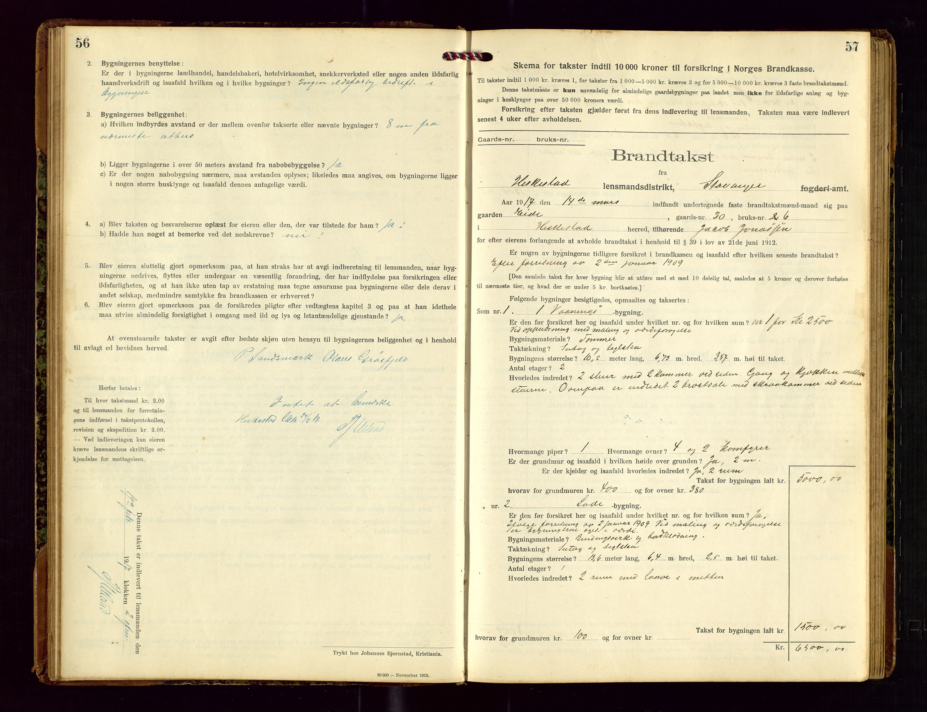 Heskestad lensmannskontor, SAST/A-100304/Gob/L0002: "Brandtakstprotokol", 1915-1922, s. 56-57