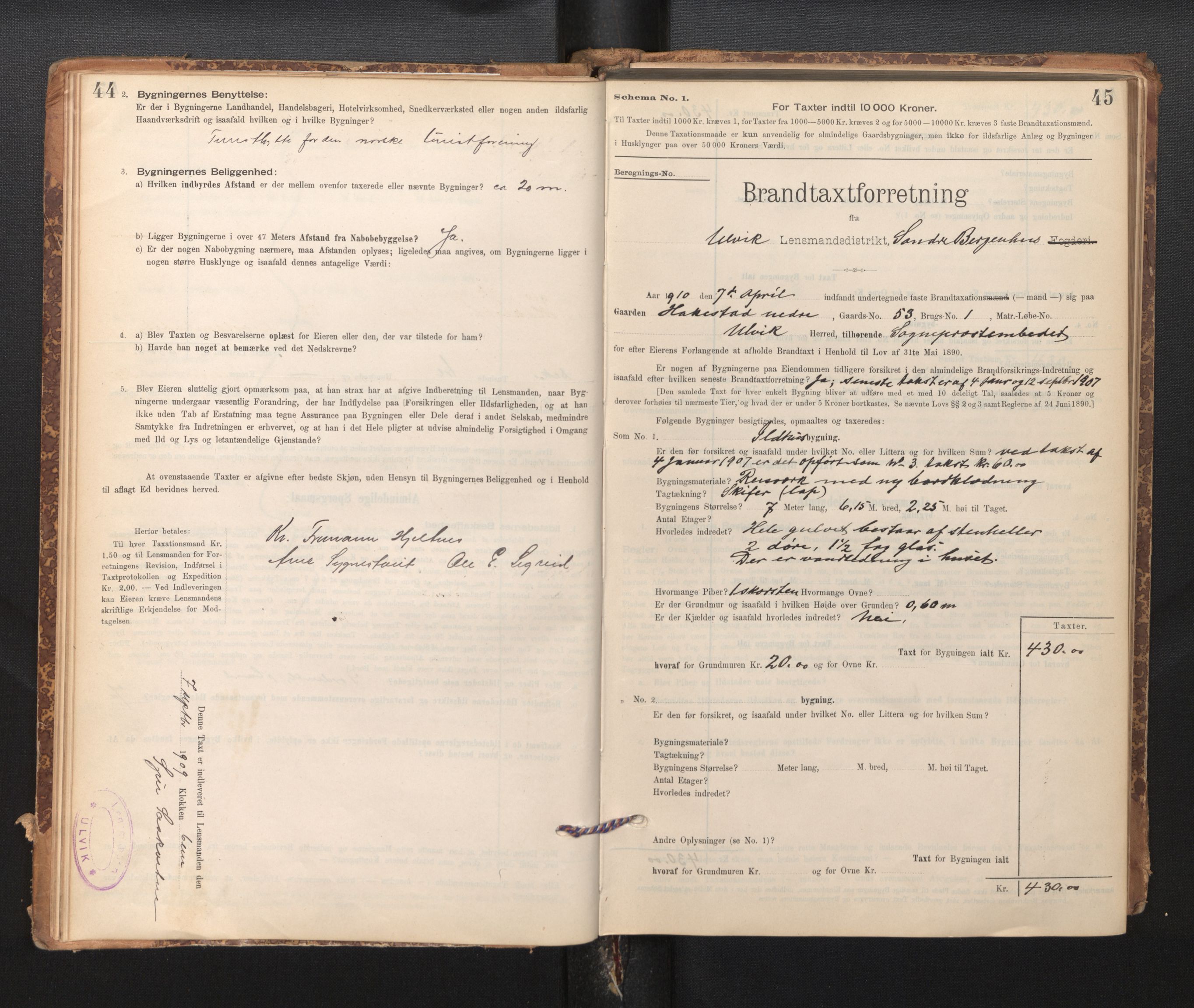 Lensmannen i Ulvik, SAB/A-35601/0012/L0003: Branntakstprotokoll, skjematakst, 1895-1946, s. 44-45