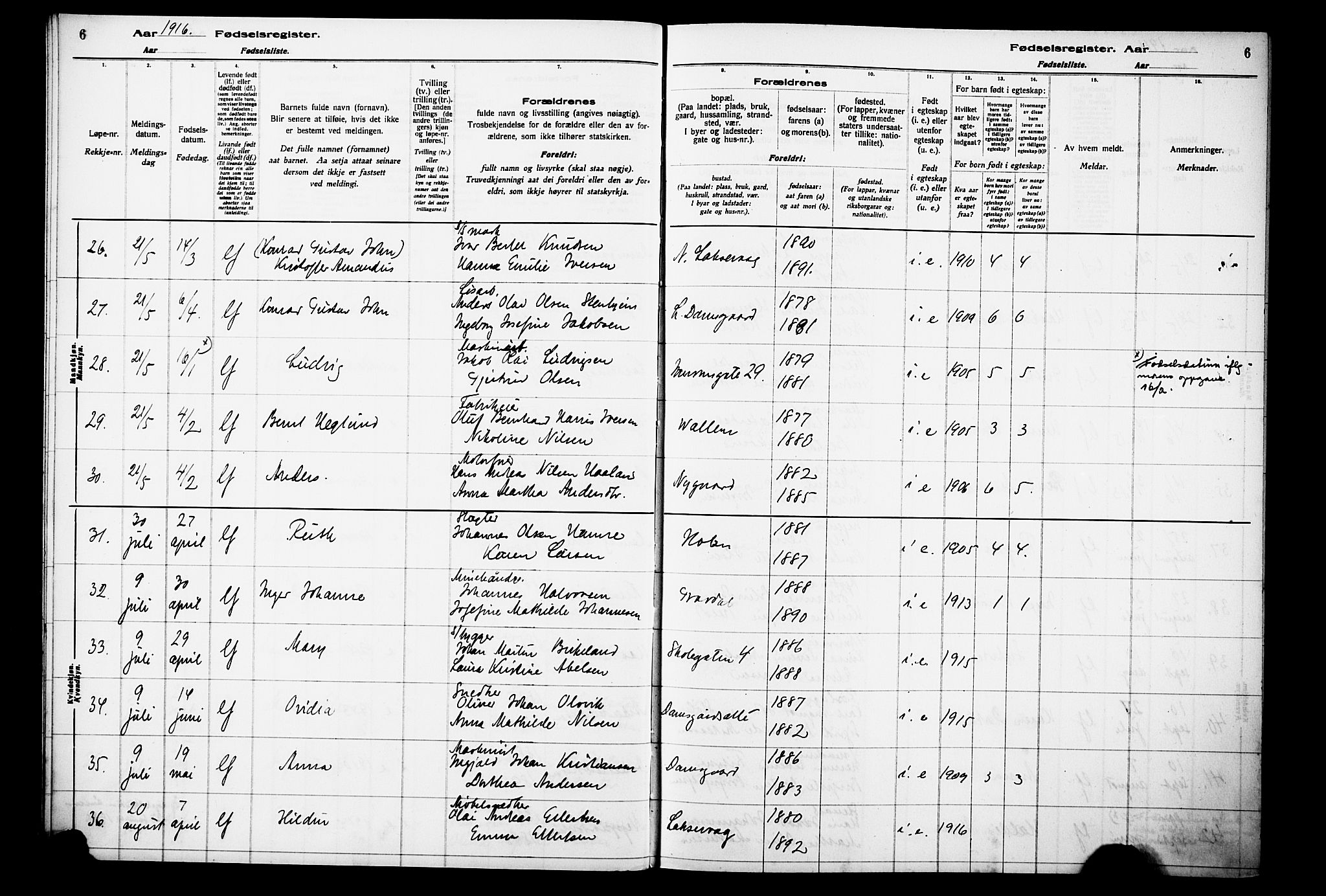 Laksevåg Sokneprestembete, AV/SAB-A-76501/I/Id/L00A1: Fødselsregister nr. A 1, 1916-1926, s. 6