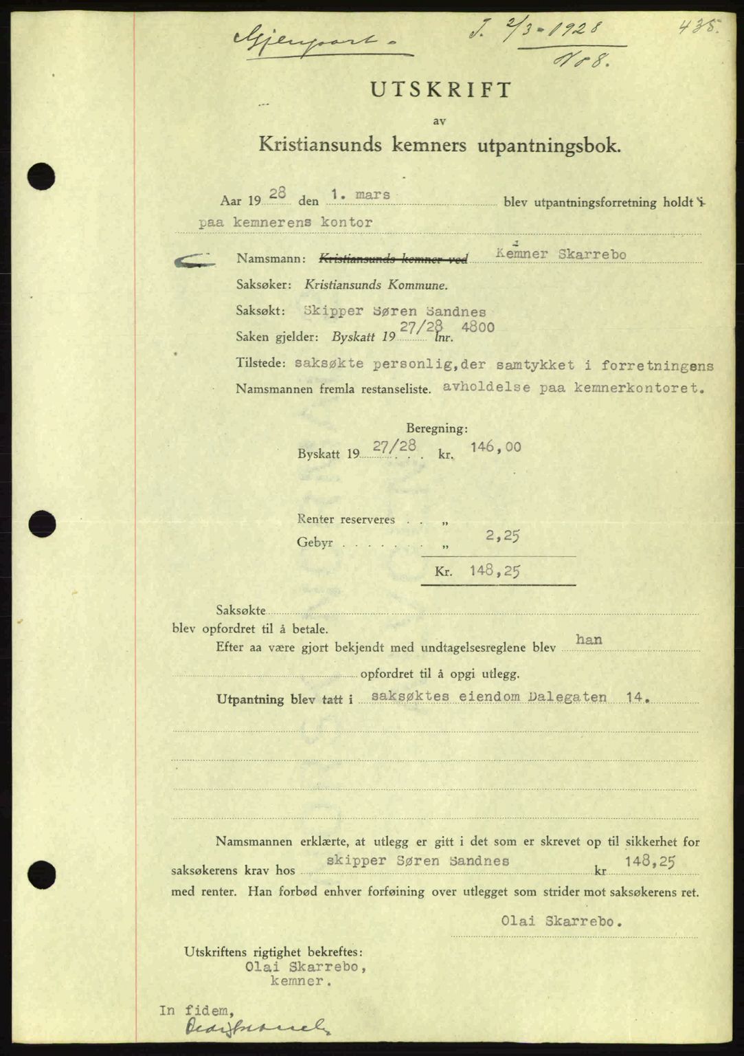 Kristiansund byfogd, AV/SAT-A-4587/A/27: Pantebok nr. 21, 1926-1928, Tingl.dato: 02.03.1928