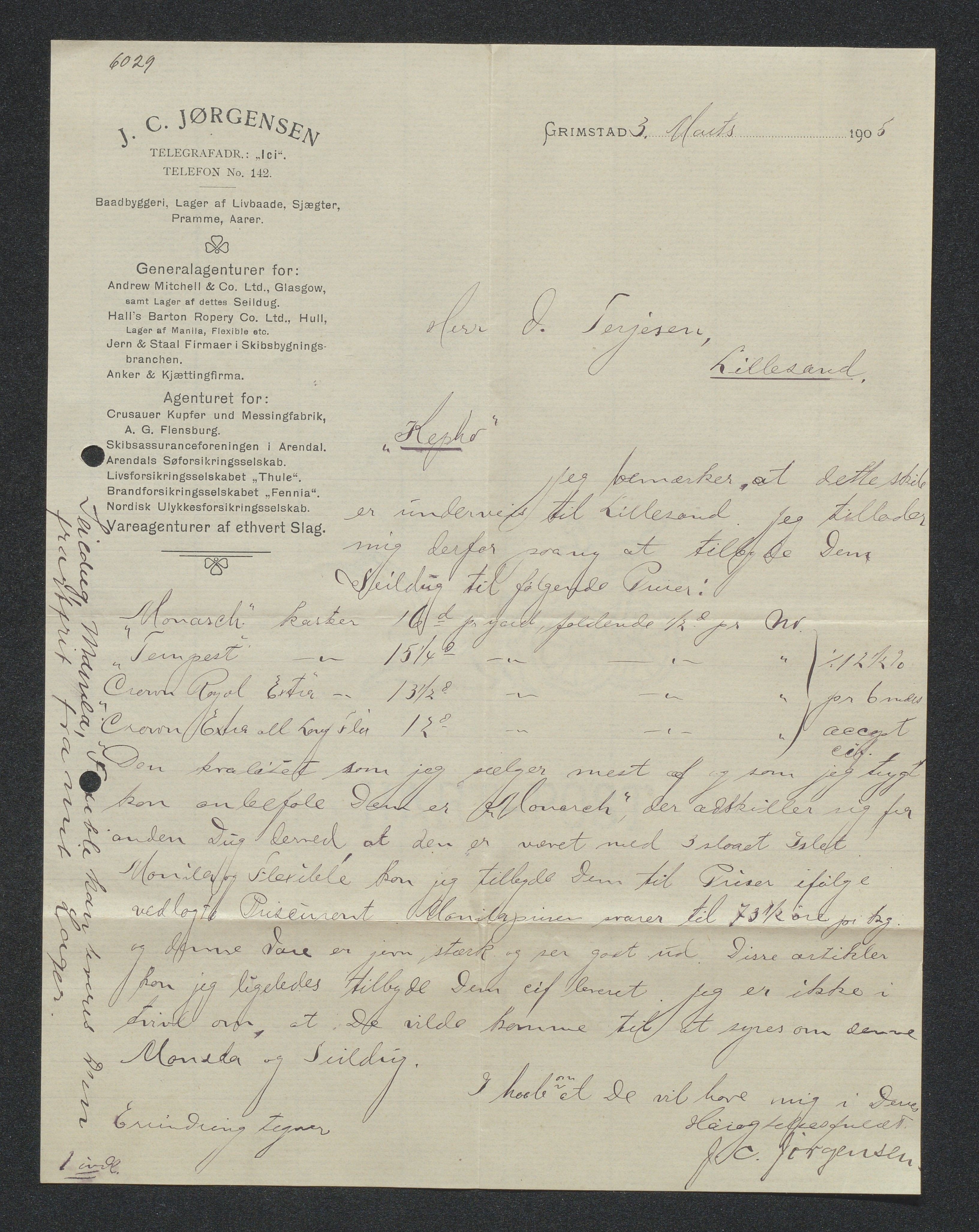 O. Terjesens rederi, AAKS/PA-2525/E/E01/L0013: Korrespondanse, 1904-1905