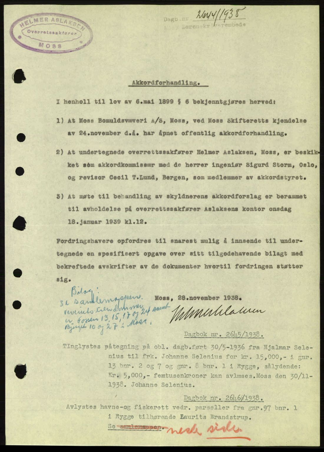 Moss sorenskriveri, SAO/A-10168: Pantebok nr. B6, 1938-1938, Dagboknr: 2644/1938