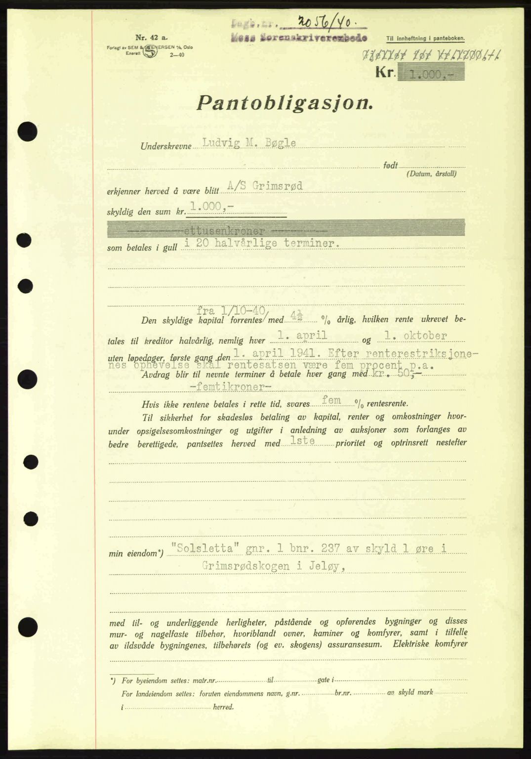 Moss sorenskriveri, SAO/A-10168: Pantebok nr. B10, 1940-1941, Dagboknr: 2056/1940