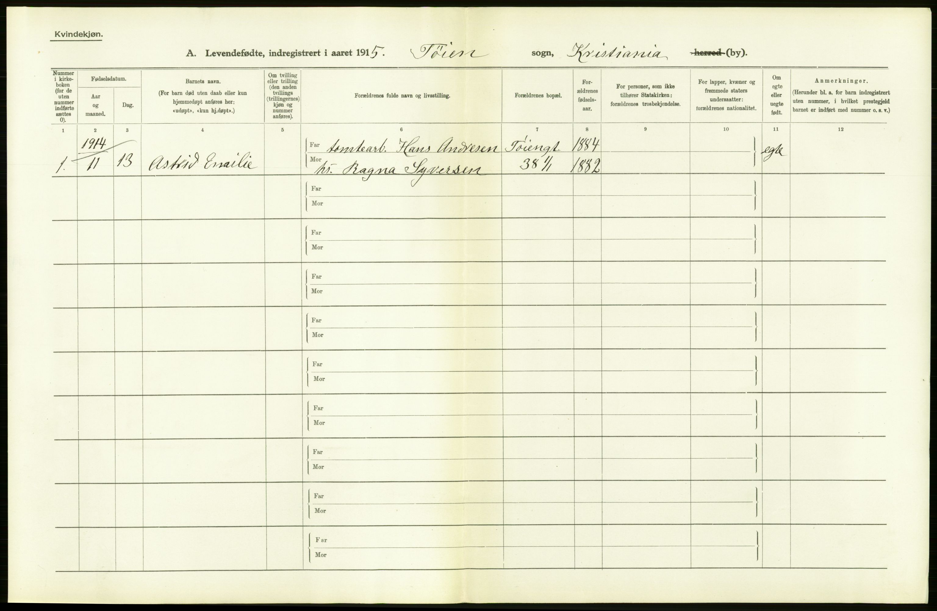 Statistisk sentralbyrå, Sosiodemografiske emner, Befolkning, RA/S-2228/D/Df/Dfb/Dfbe/L0006: Kristiania: Levendefødte menn og kvinner., 1915, s. 168