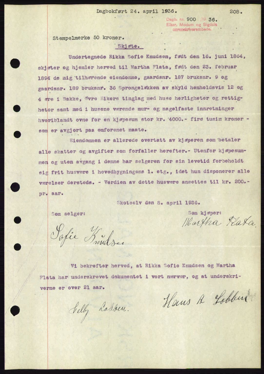 Eiker, Modum og Sigdal sorenskriveri, SAKO/A-123/G/Ga/Gab/L0032: Pantebok nr. A2, 1936-1936, Dagboknr: 900/1936