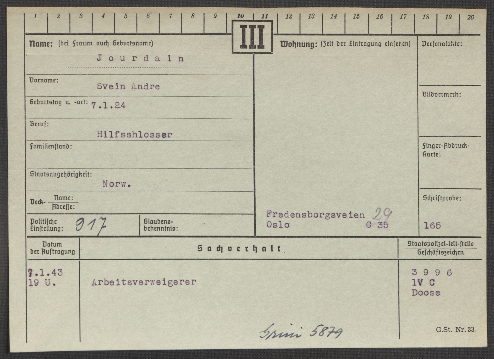 Befehlshaber der Sicherheitspolizei und des SD, RA/RAFA-5969/E/Ea/Eaa/L0005: Register over norske fanger i Møllergata 19: Hø-Kj, 1940-1945, s. 1059