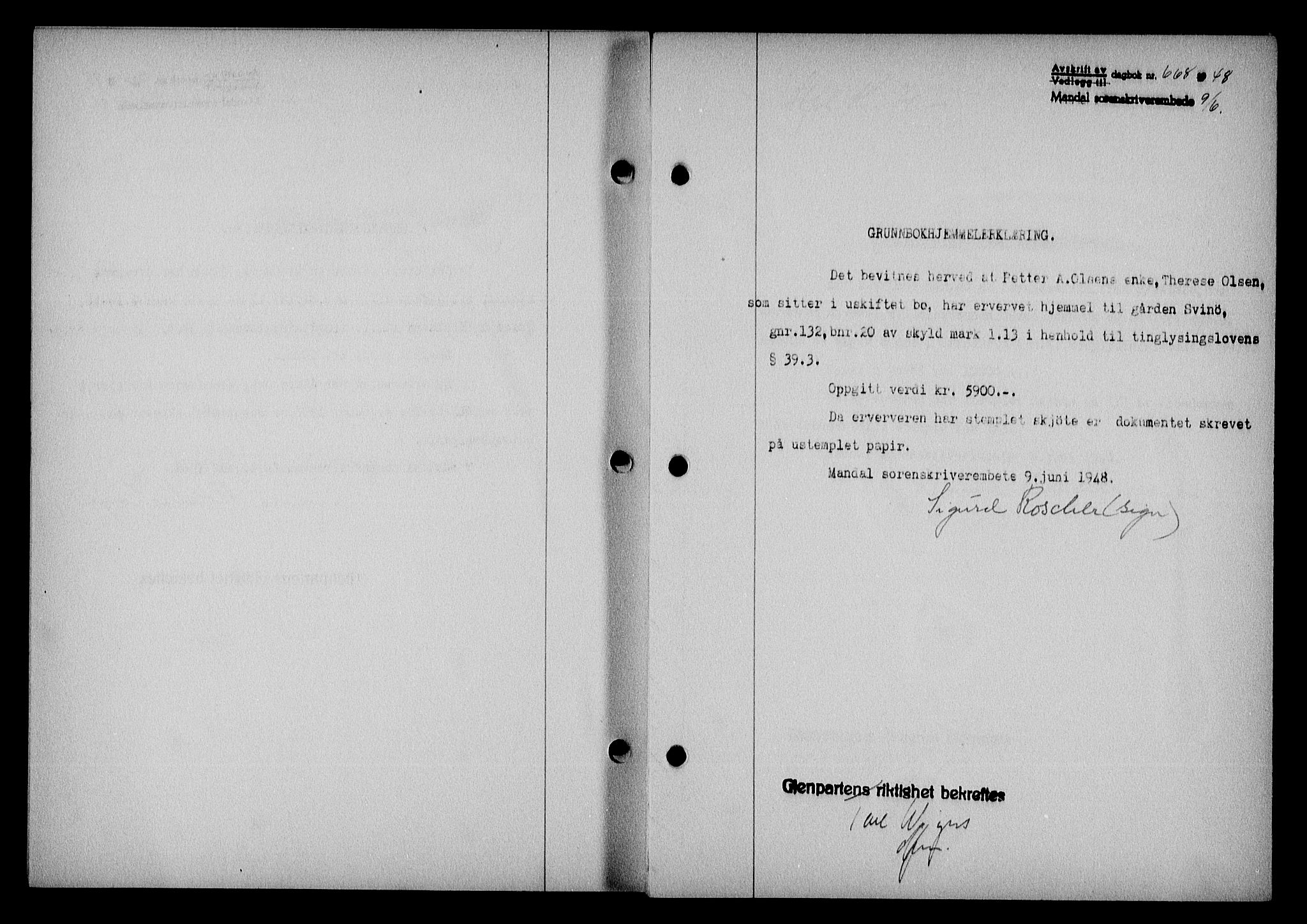Mandal sorenskriveri, SAK/1221-0005/001/G/Gb/Gba/L0079: Pantebok nr. A-16, 1947-1948, Dagboknr: 668/1948