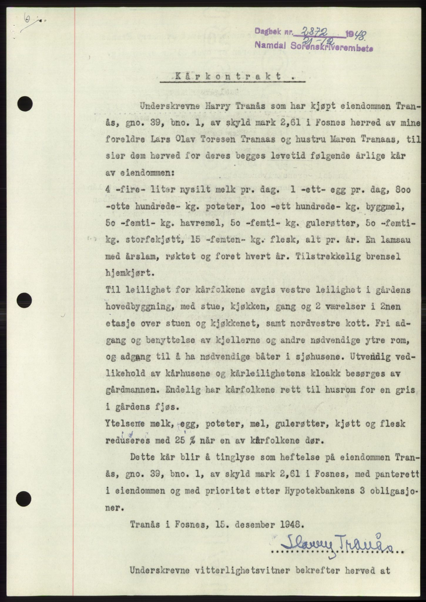 Namdal sorenskriveri, SAT/A-4133/1/2/2C: Pantebok nr. -, 1948-1948, Dagboknr: 2872/1948