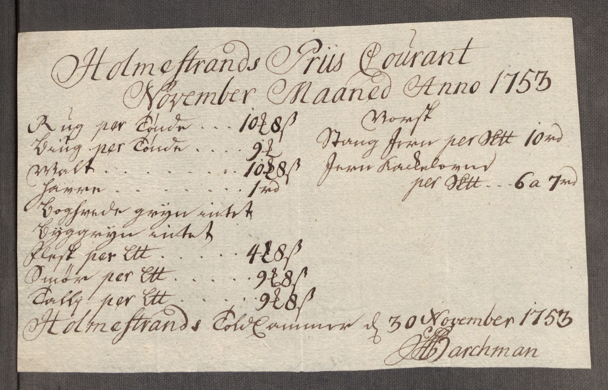 Rentekammeret inntil 1814, Realistisk ordnet avdeling, RA/EA-4070/Oe/L0005: [Ø1]: Priskuranter, 1753-1757, s. 80