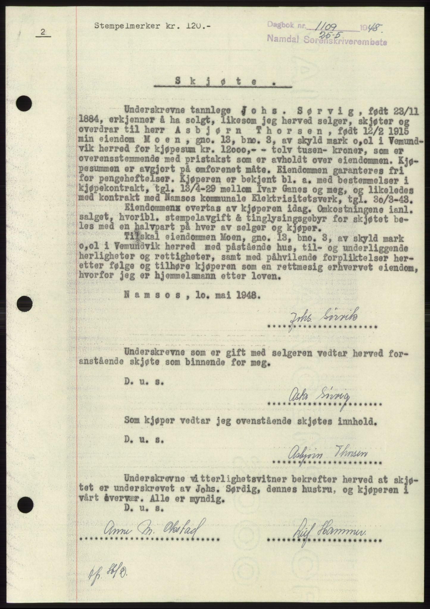 Namdal sorenskriveri, SAT/A-4133/1/2/2C: Pantebok nr. -, 1947-1948, Dagboknr: 1109/1948