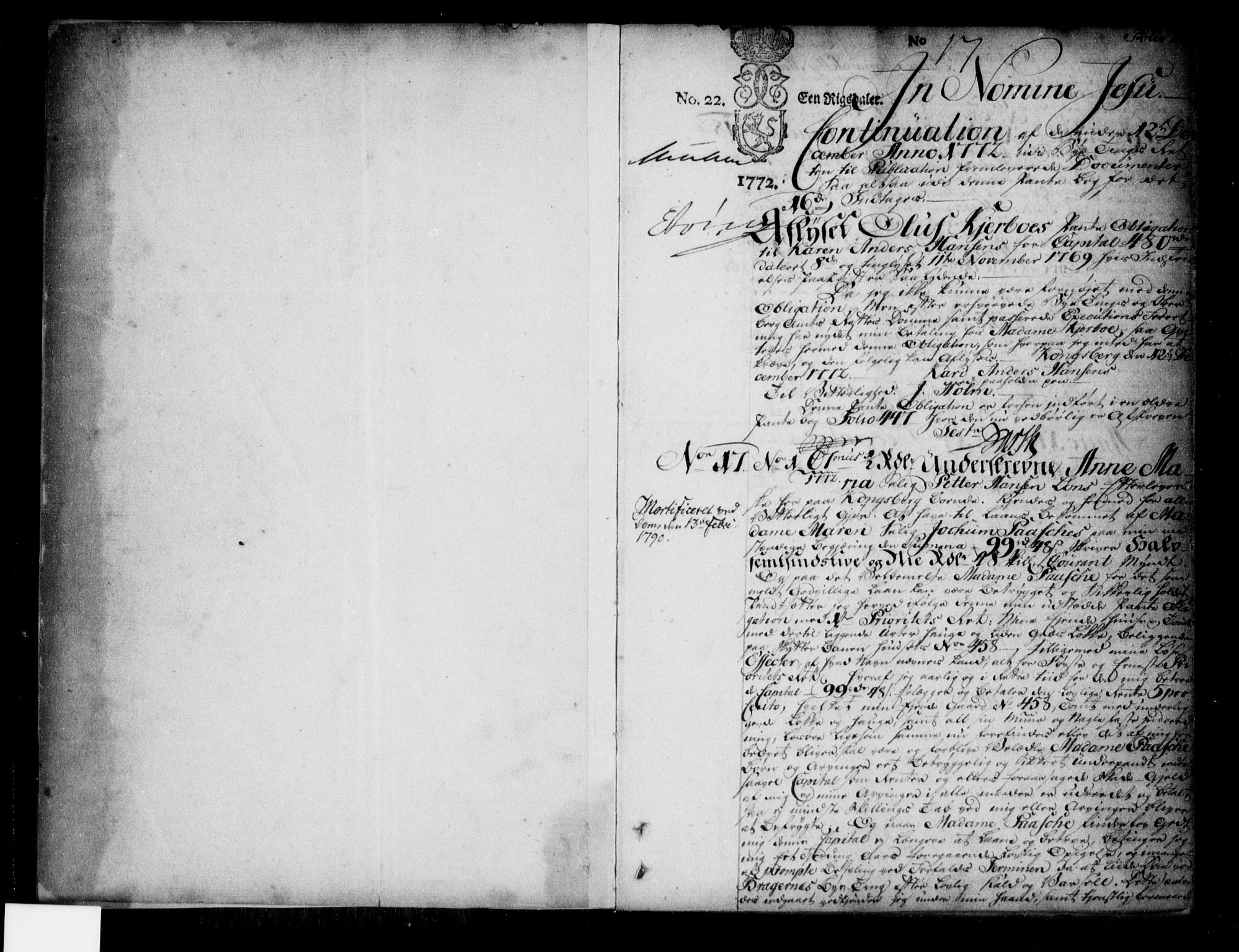 Kongsberg byfogd, SAKO/A-84/G/Ga/Gab/L0005: Pantebok nr. II 5, 1772-1781, s. 1