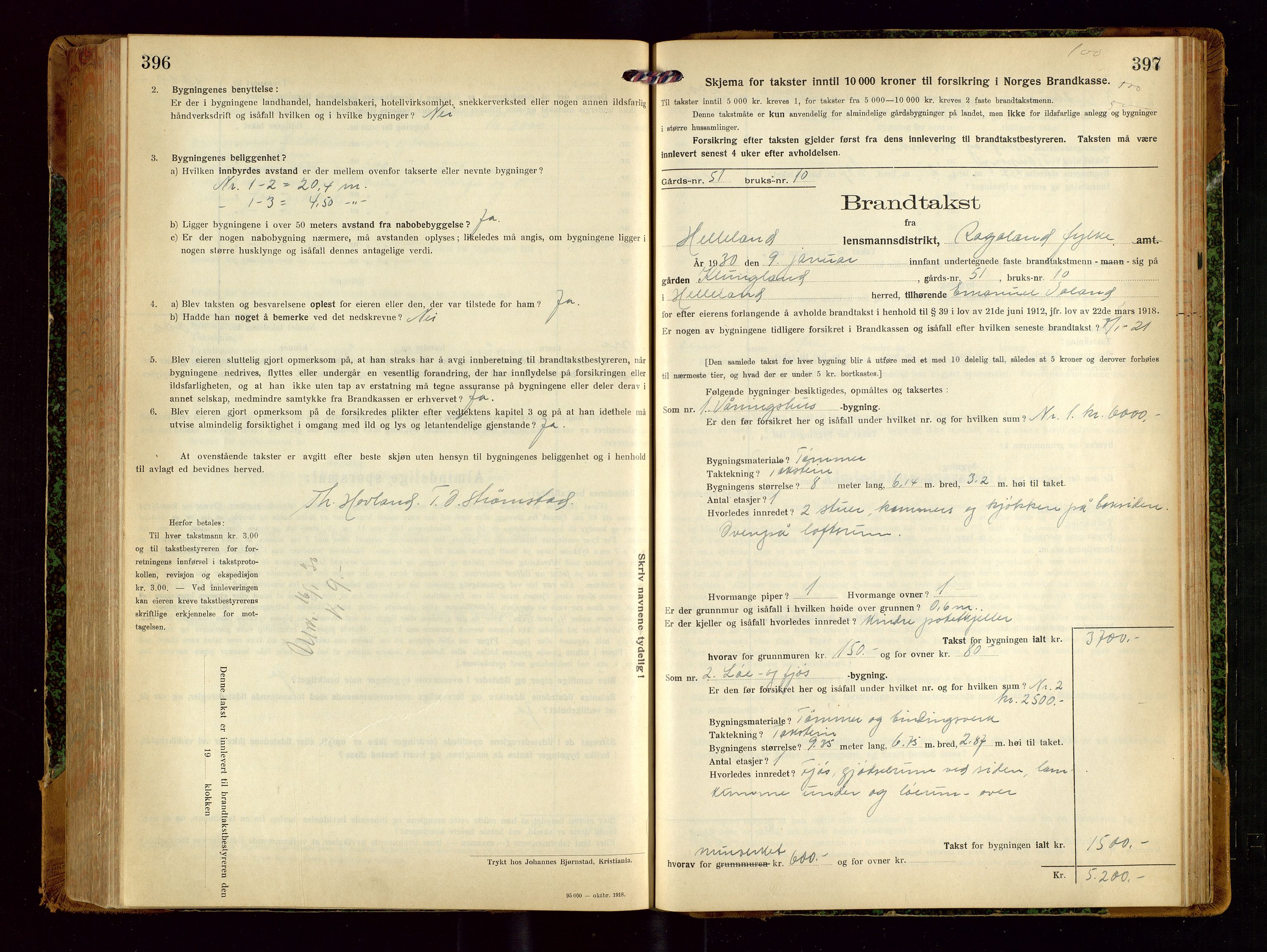 Helleland lensmannskontor, AV/SAST-A-100209/Gob/L0002: "Brandtakstprotokoll", 1921-1930, s. 396-397