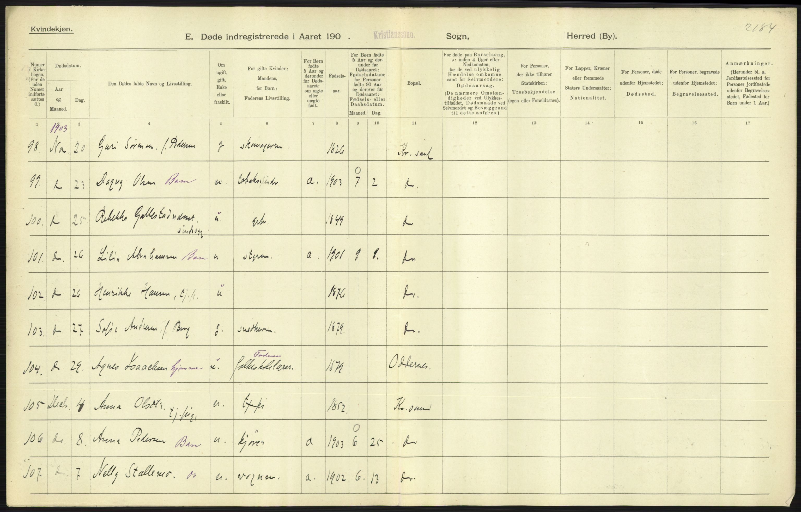 Statistisk sentralbyrå, Sosiodemografiske emner, Befolkning, AV/RA-S-2228/D/Df/Dfa/Dfaa/L0011: Lister og Mandal amt: Fødte, gifte, døde, 1903, s. 531