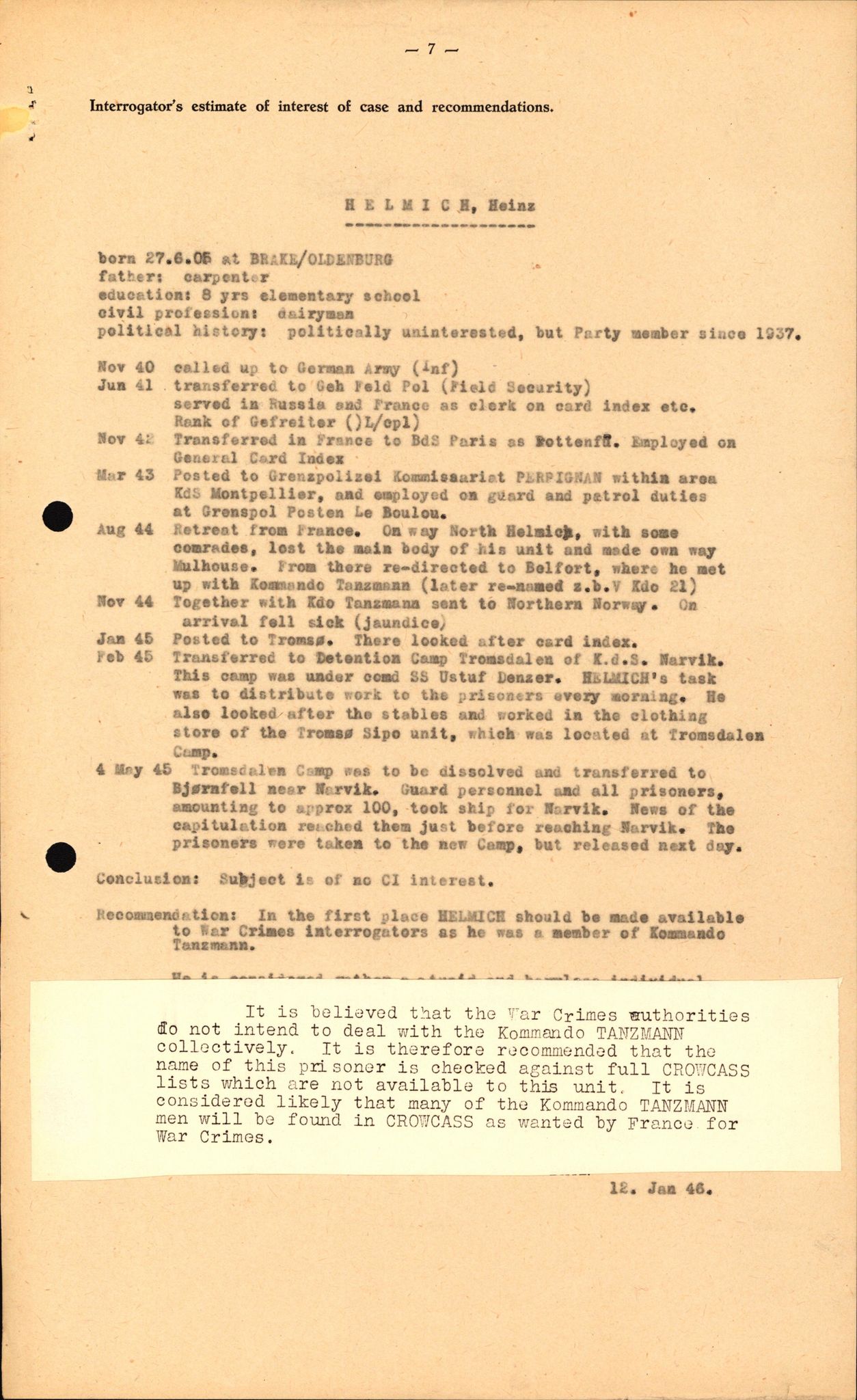 Forsvaret, Forsvarets overkommando II, AV/RA-RAFA-3915/D/Db/L0012: CI Questionaires. Tyske okkupasjonsstyrker i Norge. Tyskere., 1945-1946, s. 395