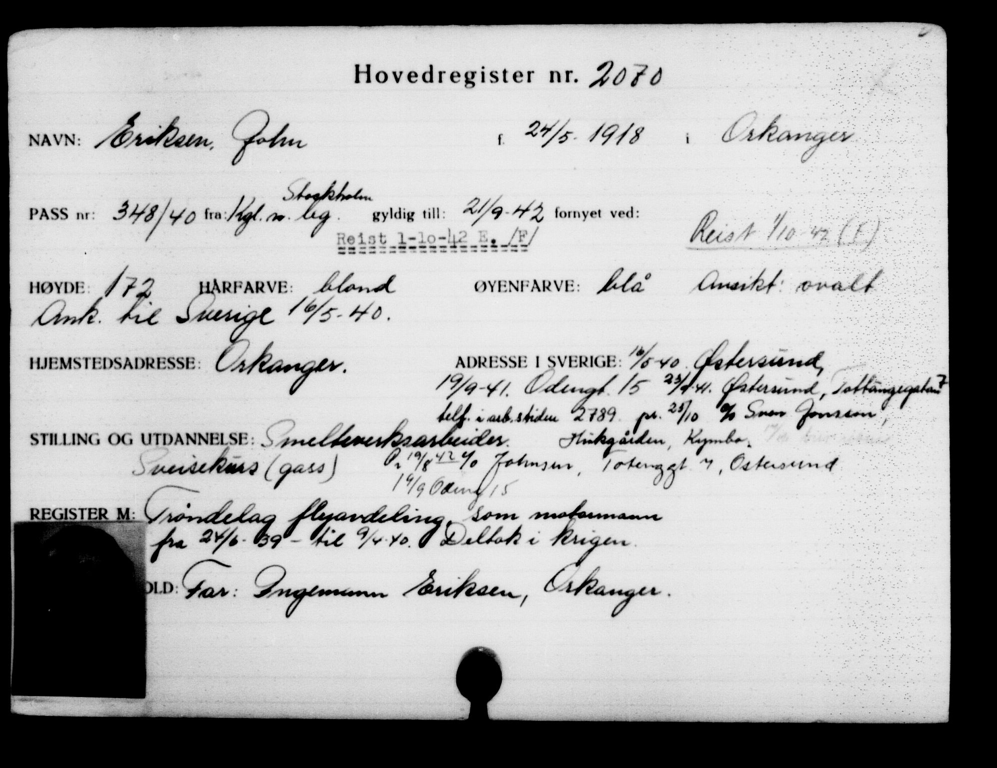 Utenriksstasjonene, Legasjonen i Stockholm, Flyktningkontoret, AV/RA-S-6753/V/Va/L0003: Kjesäterkartoteket, flyktninger med registreringsnr. 2001-3495, 1940-1945, s. 92