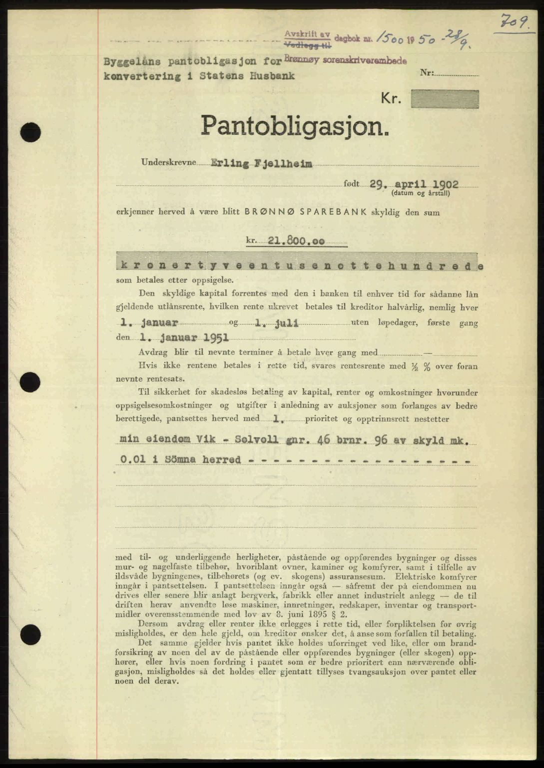Brønnøy sorenskriveri, SAT/A-4170/1/2/2C: Pantebok nr. 36, 1950-1950, Dagboknr: 1500/1950
