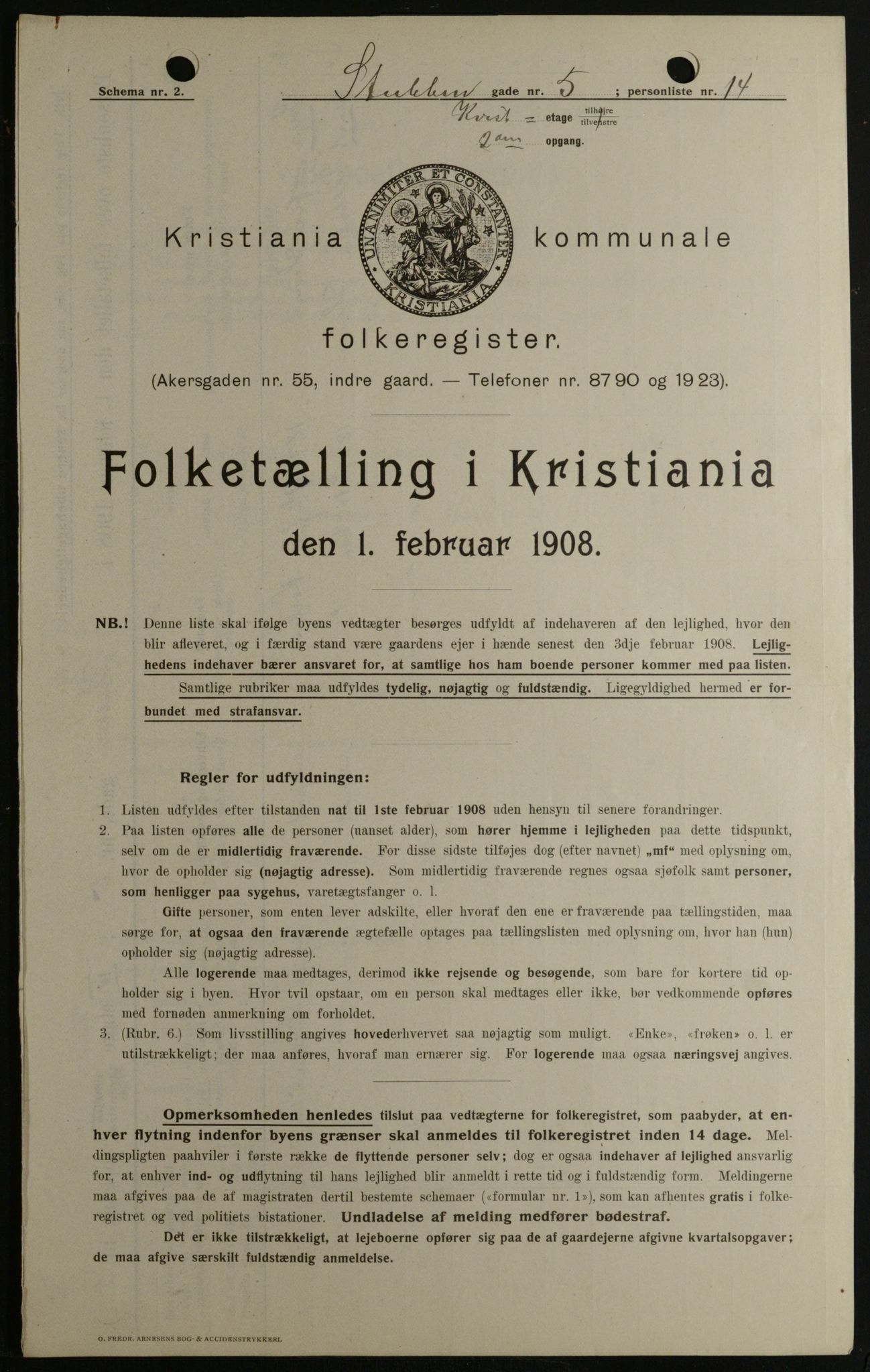 OBA, Kommunal folketelling 1.2.1908 for Kristiania kjøpstad, 1908, s. 94000