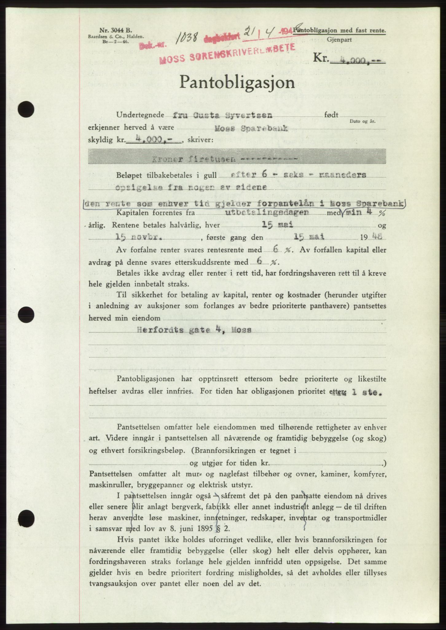 Moss sorenskriveri, SAO/A-10168: Pantebok nr. B19, 1948-1948, Dagboknr: 1038/1948