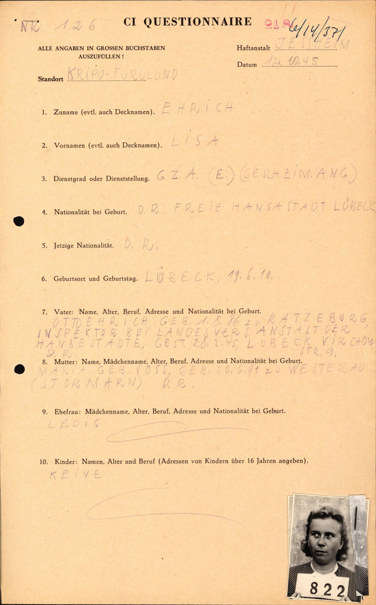 Forsvaret, Forsvarets overkommando II, RA/RAFA-3915/D/Db/L0007: CI Questionaires. Tyske okkupasjonsstyrker i Norge. Tyskere., 1945-1946, s. 73