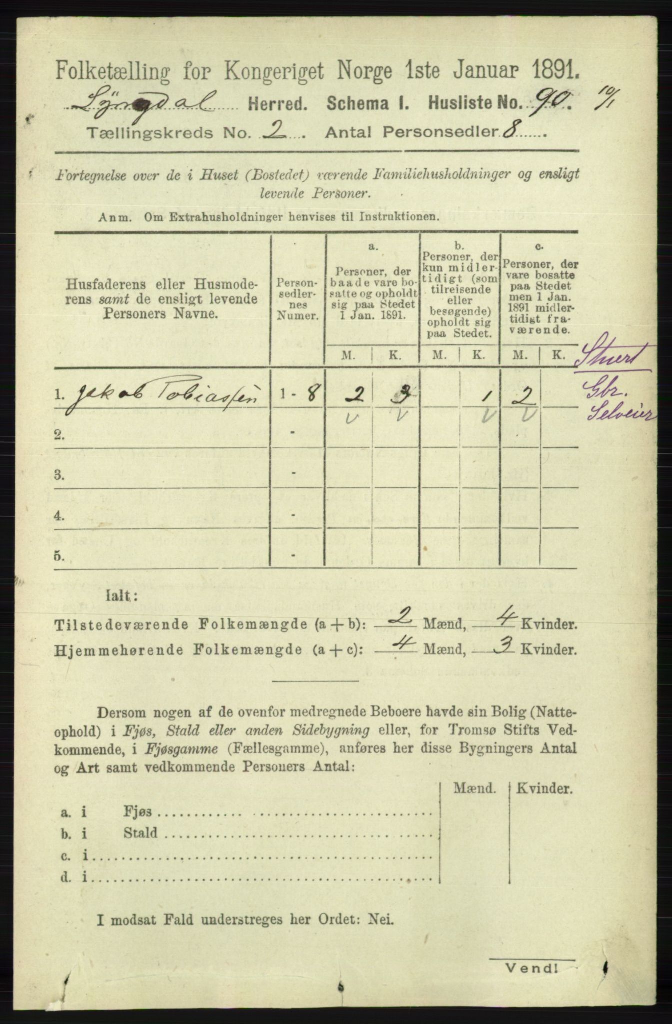 RA, Folketelling 1891 for 1032 Lyngdal herred, 1891, s. 543