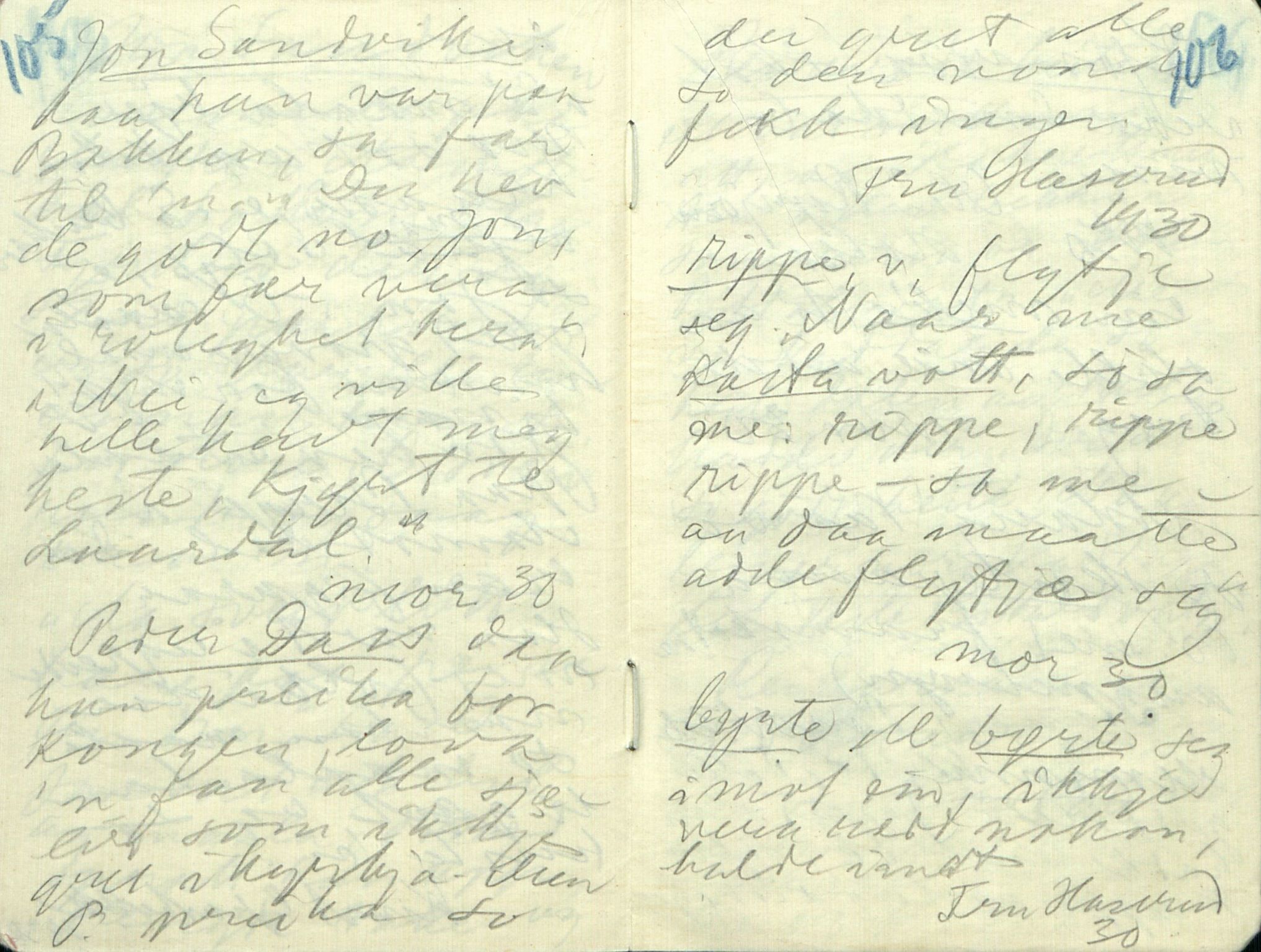 Rikard Berge, TEMU/TGM-A-1003/F/L0017/0016: 551-599 / 566 Notisbokblad og brev til Rikard Berge, 1910-1950, s. 105-106