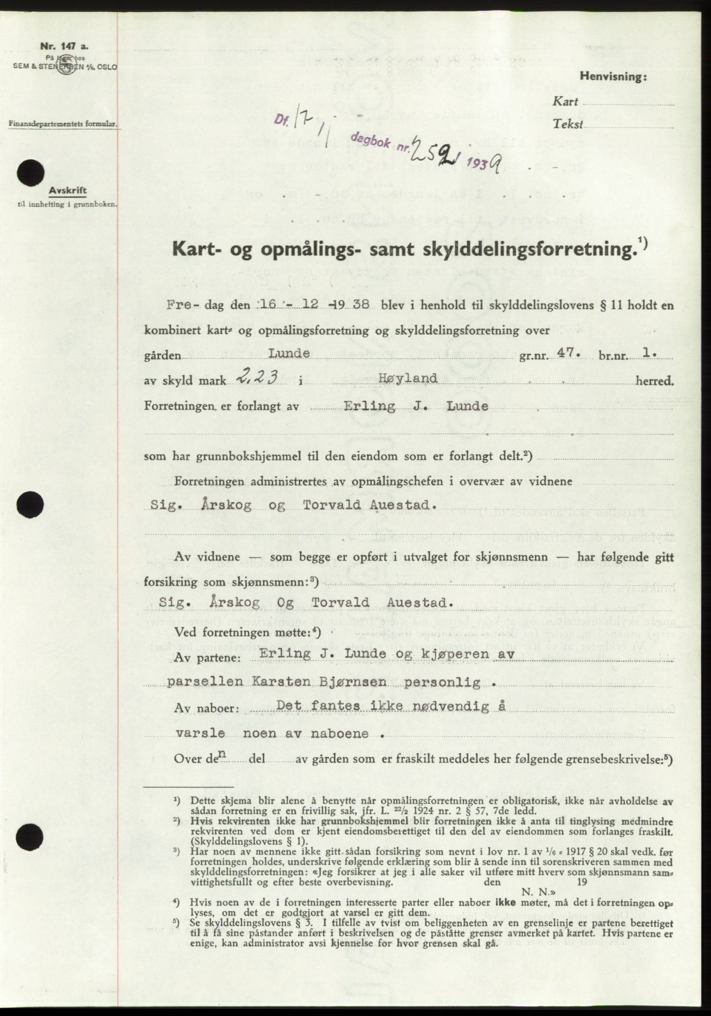 Jæren sorenskriveri, SAST/A-100310/03/G/Gba/L0073: Pantebok, 1939-1939, Dagboknr: 252/1939